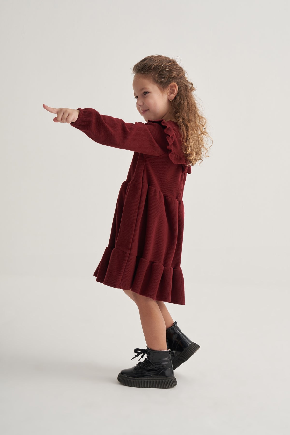 Kız Çocuk Fitilli Kat Kat Fırfırlı Elbise Bordo