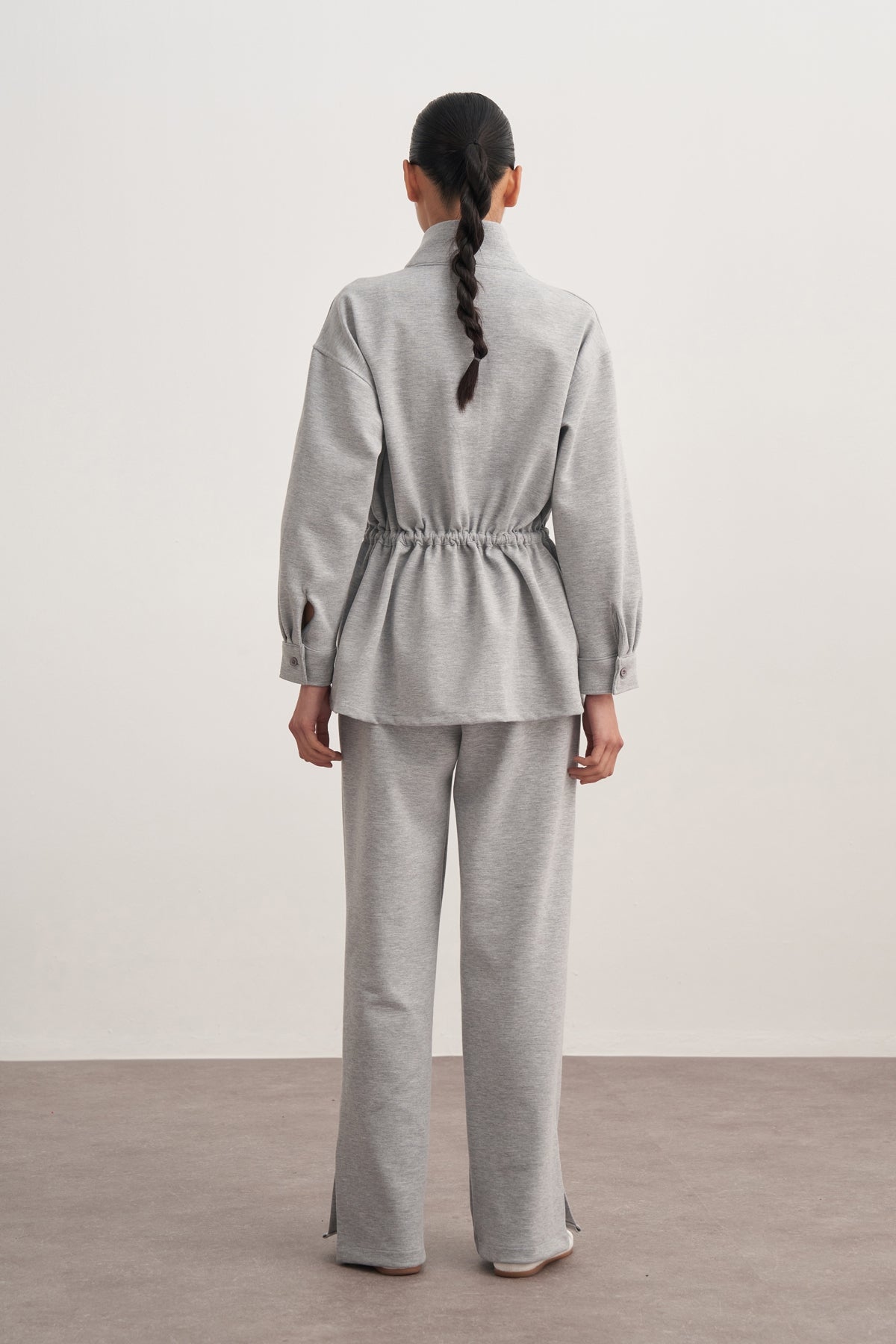 Kadın İnterlok Oversize Spor Ceket Takım Gri Melanj
