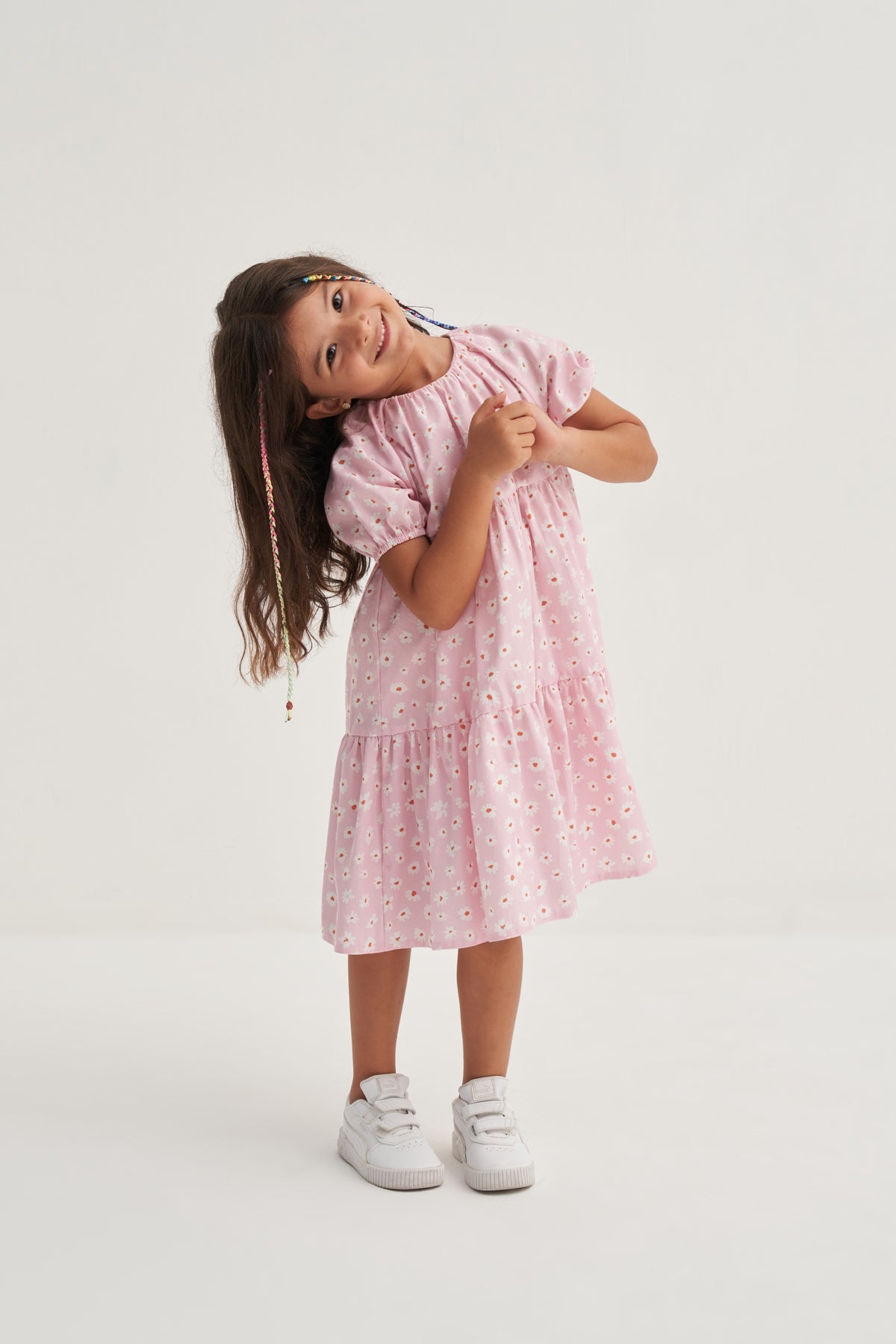 Kız Çocuk Poplin Baskılı Reglan Elbise Pembe
