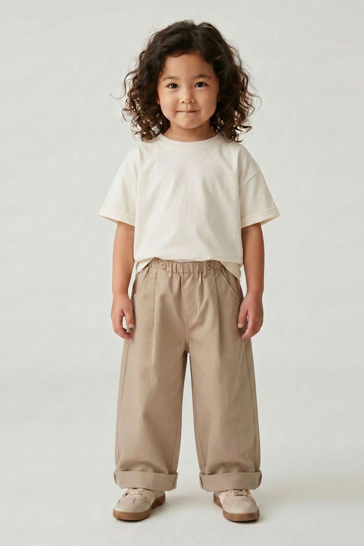 Unisex Çocuk Pileli Pantolon Tişört Takım Beyaz/Bej