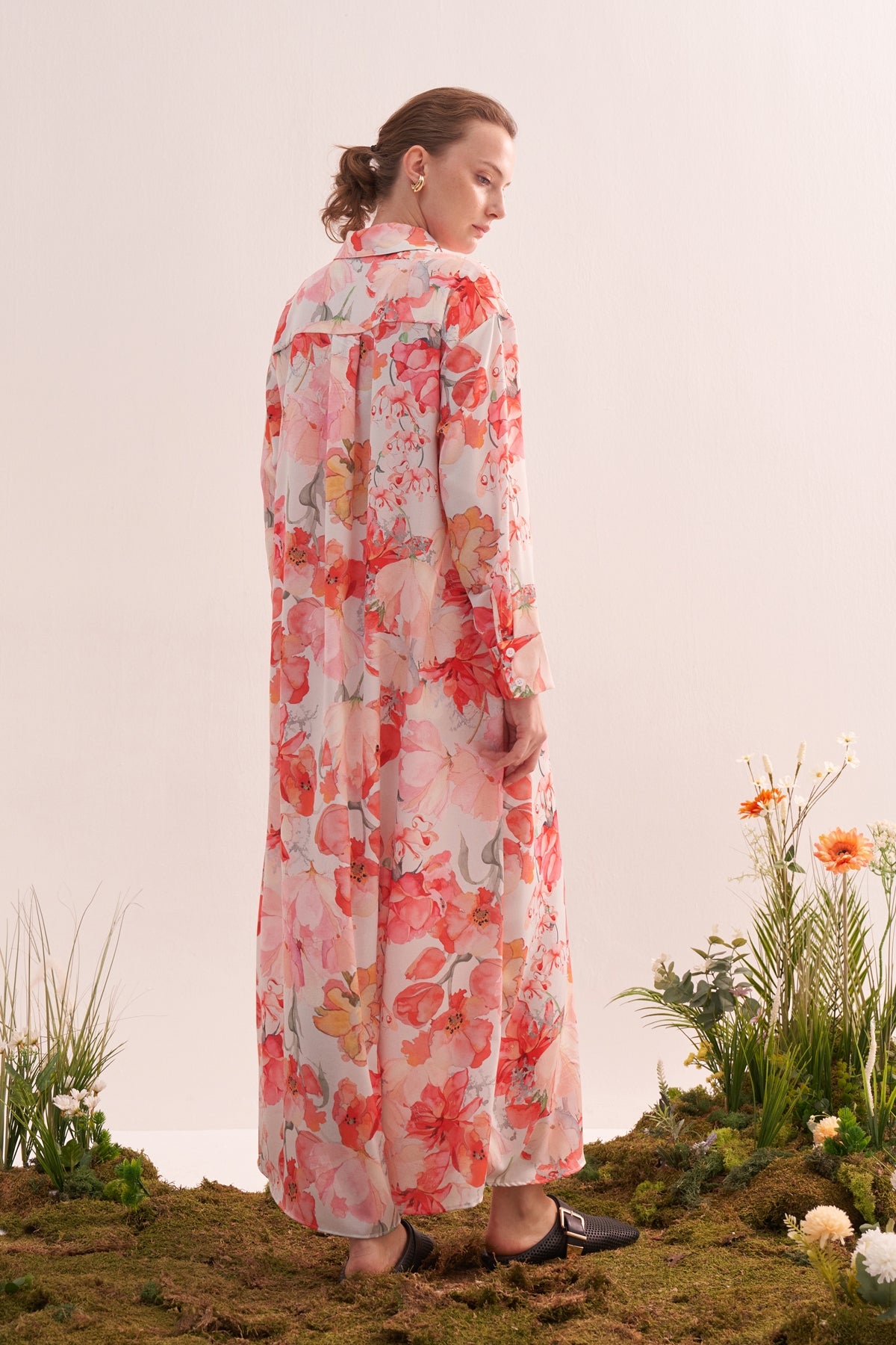 Kadın Desenli Oversize Gömlek Elbise Pembe Çiçekli Desen