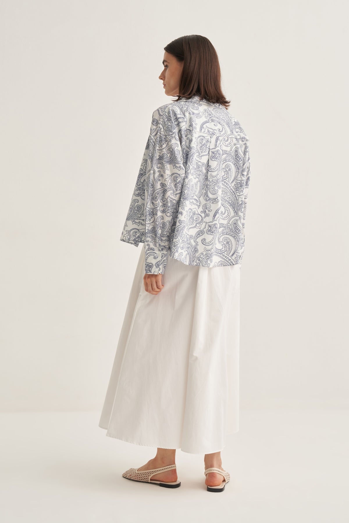 Kadın Poplin Oversize Kısa Gömlek Paisley Desen Lacivert