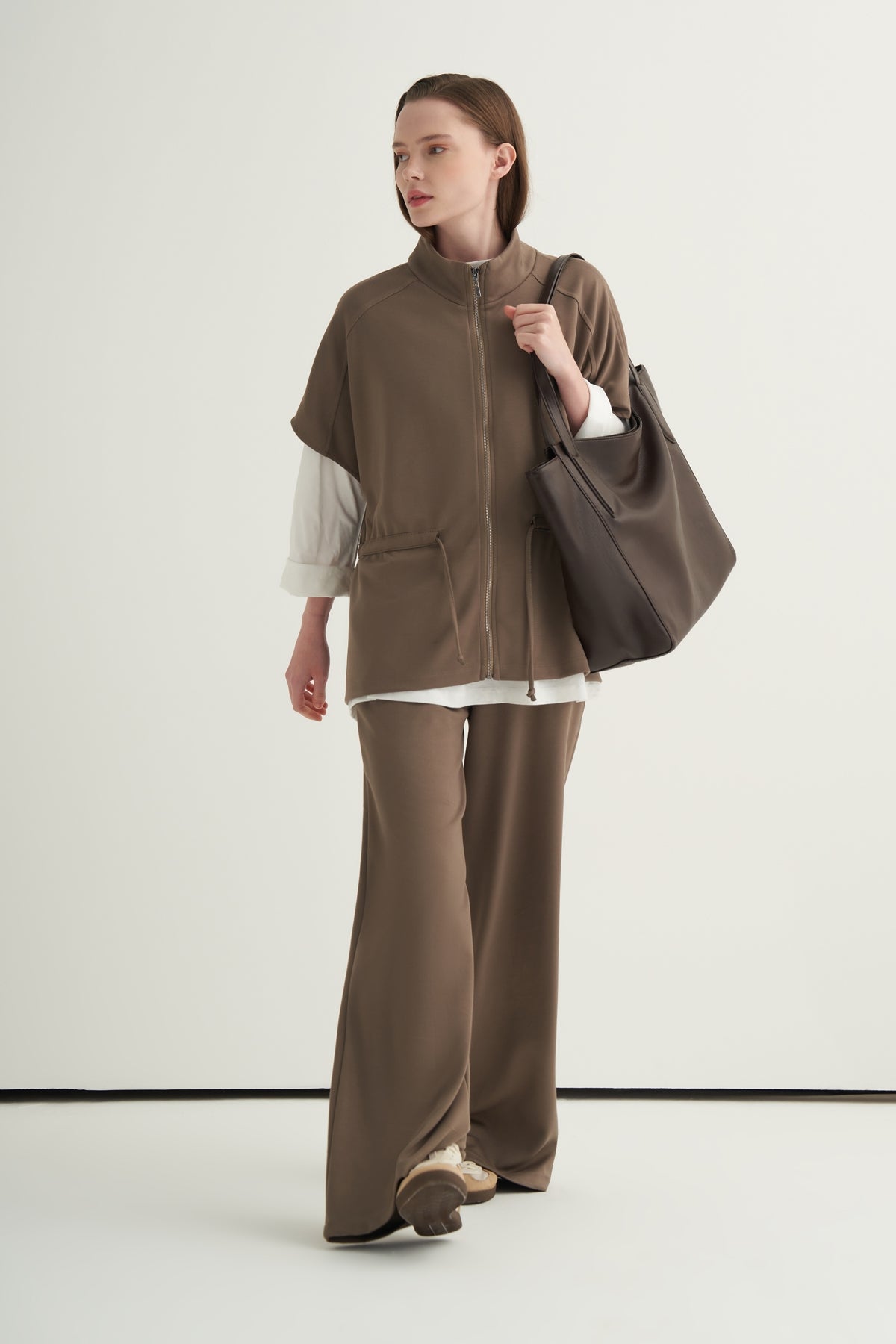 Kadın Oversize Yelek Bol Paça Pantolon Takım Vizon