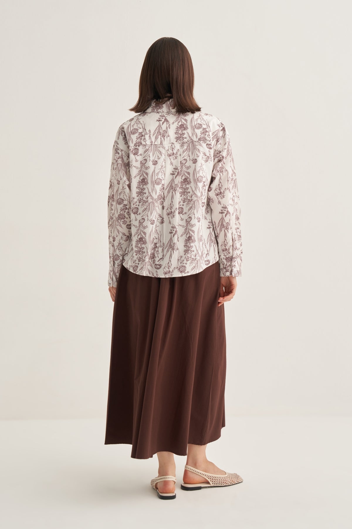 Kadın Poplin Oversize Kısa Gömlek Garden Desen Kahve