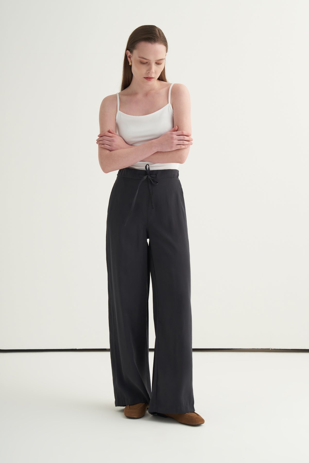 Kadın Modal Bağcıklı Palazzo Pantolon Füme