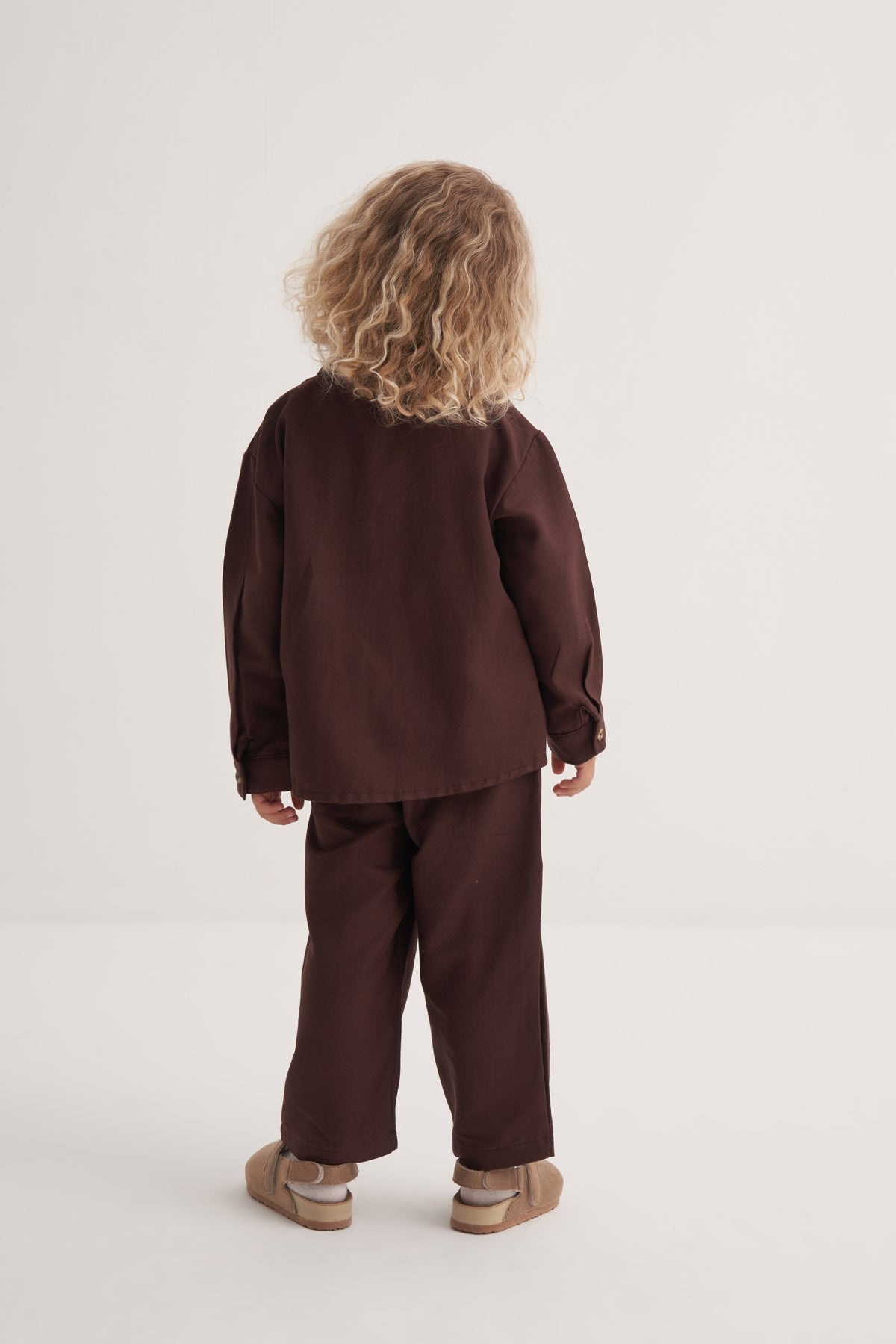 Unisex Çocuk Dökümlü Pamuklu Düğmeli Pantolon Acı Kahve