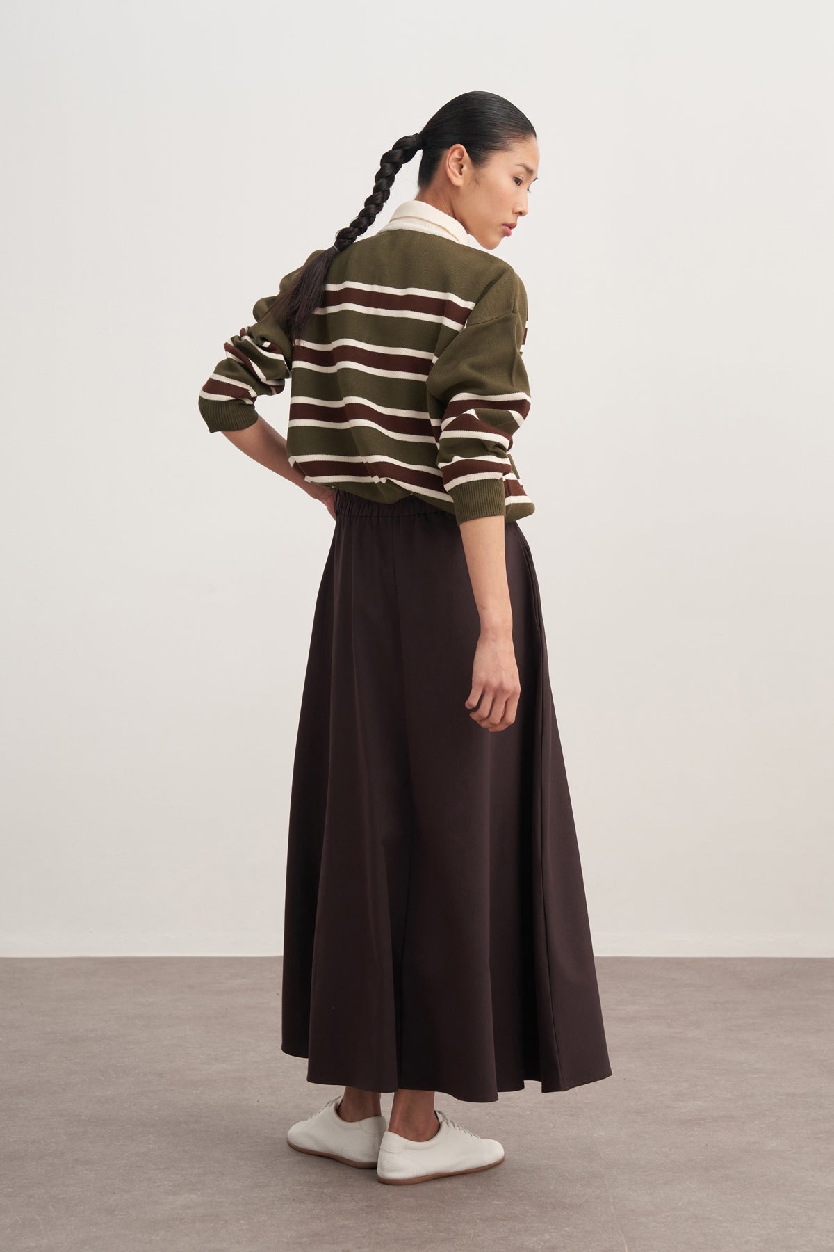 Kadın Çizgili Yakalı Triko Kazak Haki