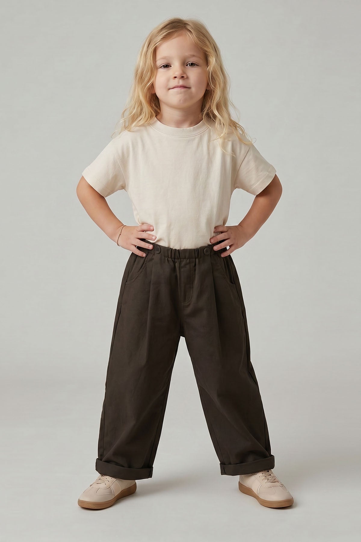 Unisex Çocuk Pileli Pantolon Tişört Takım Krem/Haki