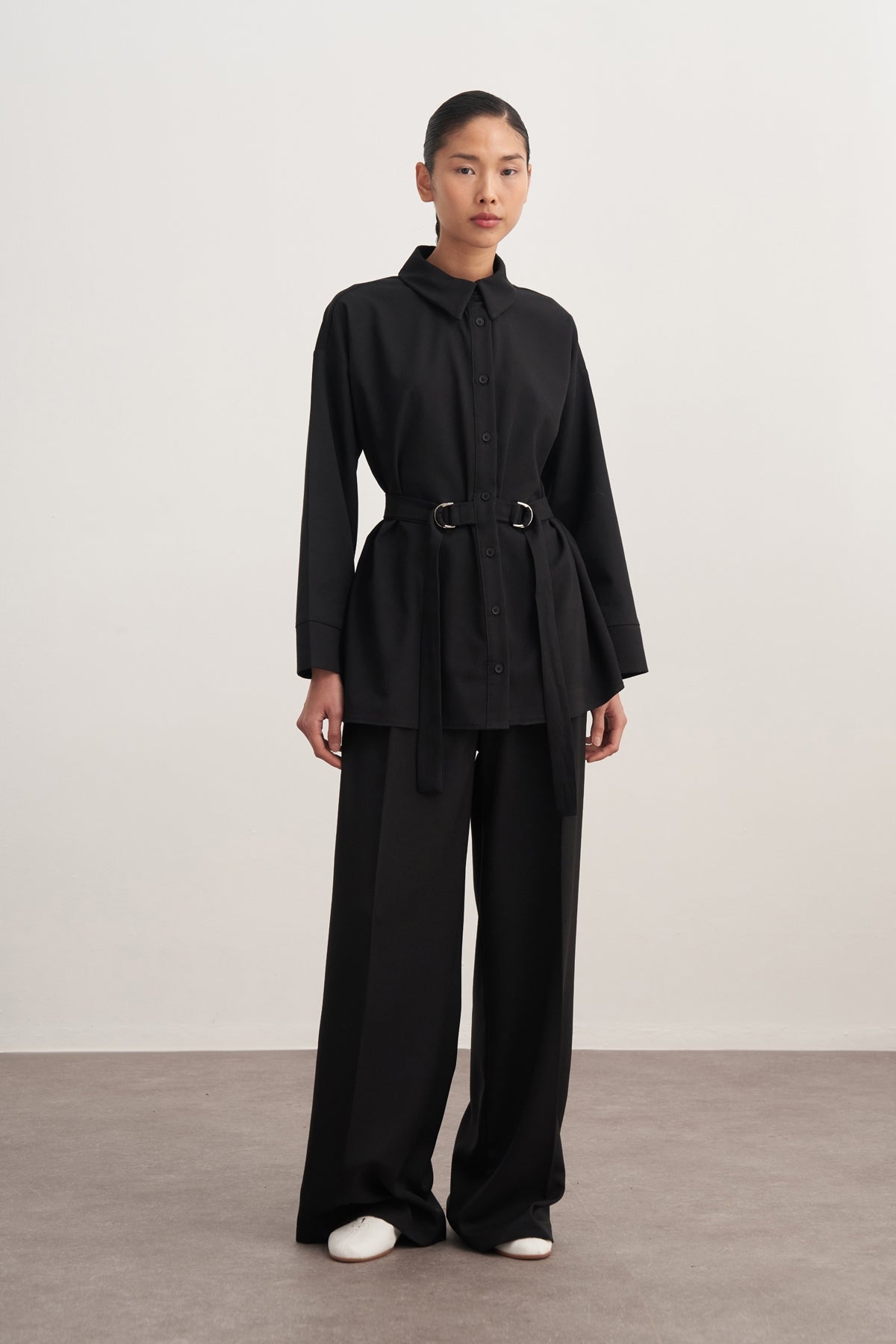 Kadın Gabardin Kemerli Gömlek Siyah