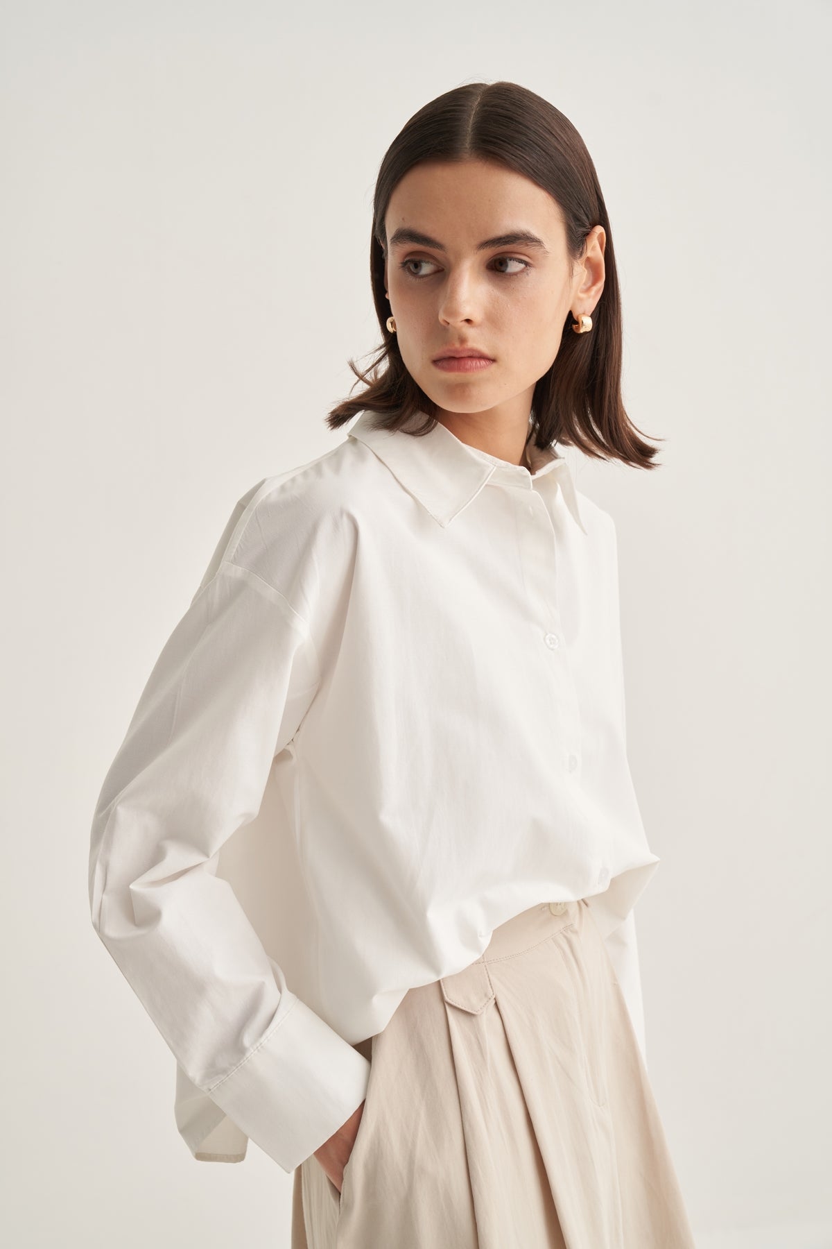 Kadın Poplin Oversize Kısa Gömlek Ekru
