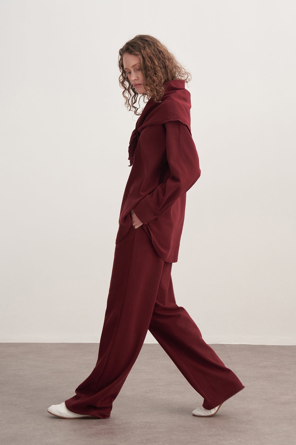 Kadın Şal Aksesuarlı 3’lü Pantolon Takım Bordo