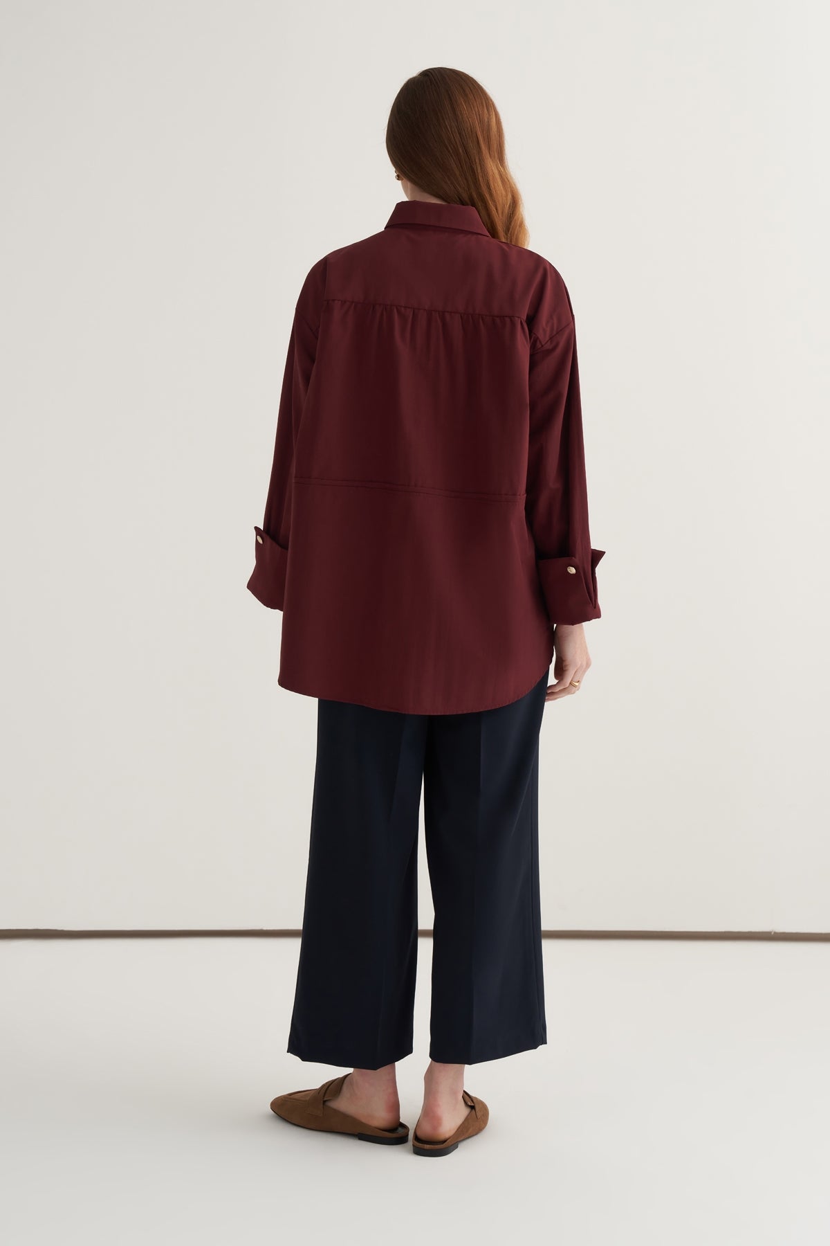 Kadın Oversize Kol Düğmeli Gömlek Bordo