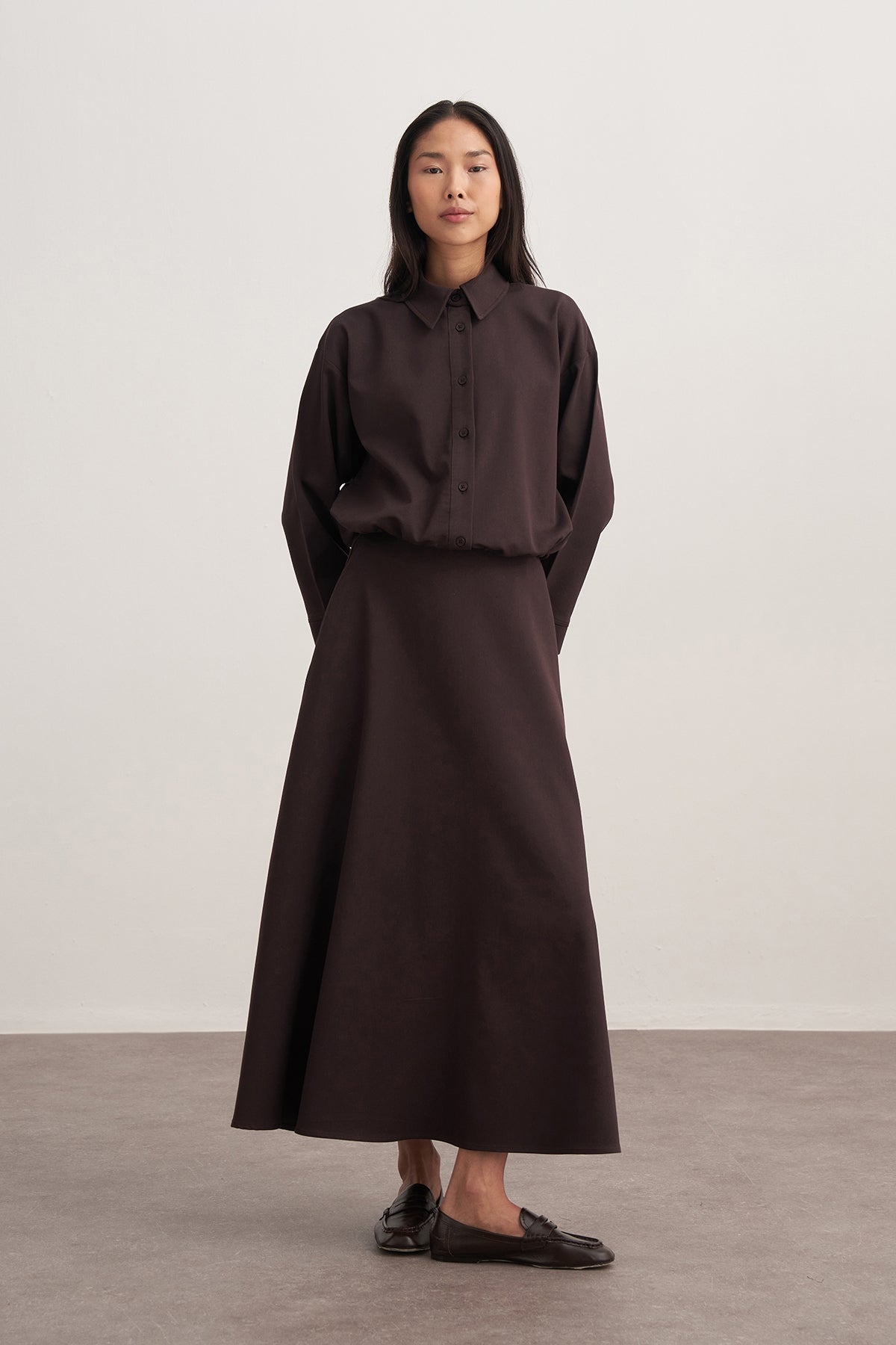 Kadın Gabardin Gömlekli Kloş Etek Takım Kahve