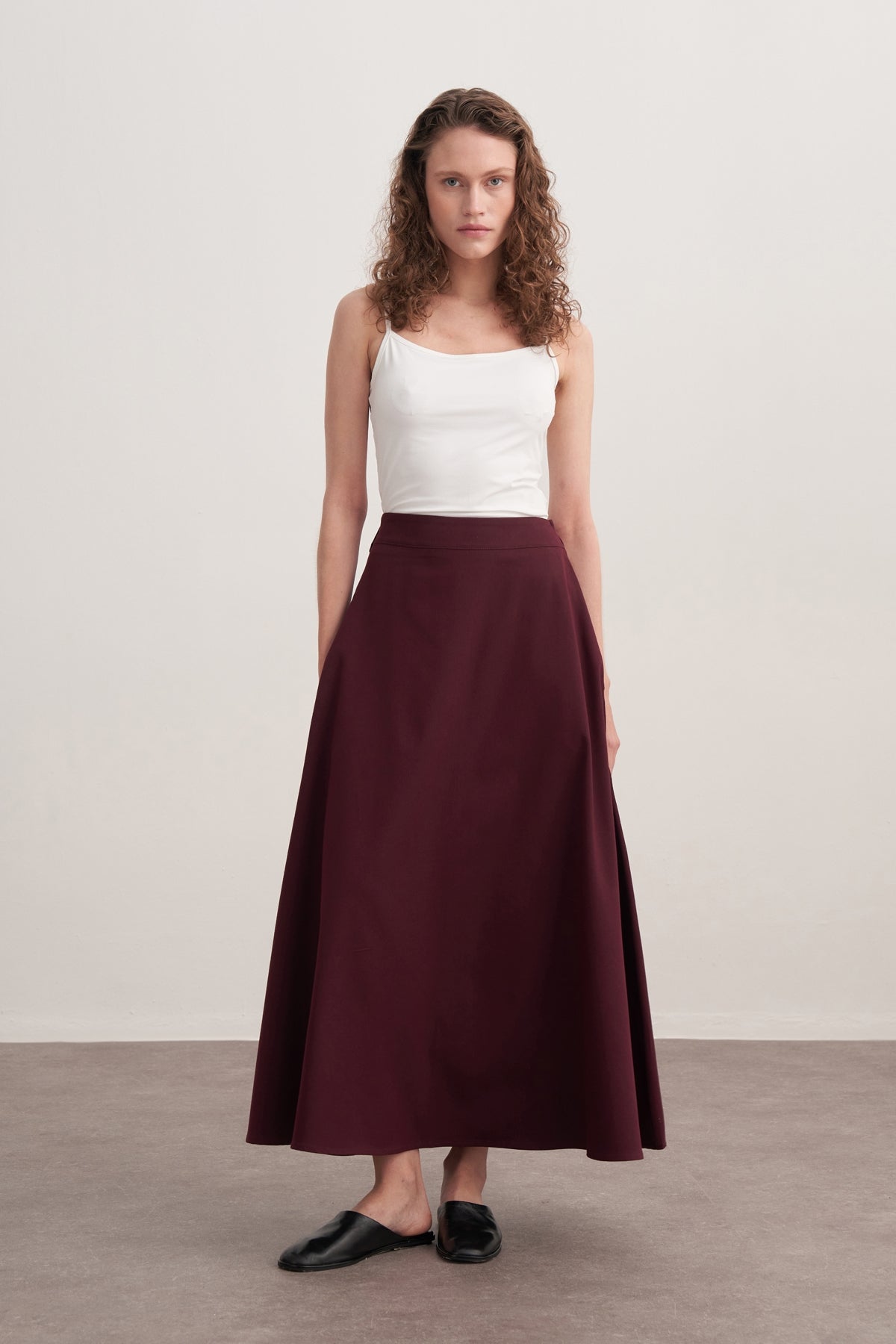 Kadın Gabardin Gömlekli Kloş Etek Takım Mürdüm