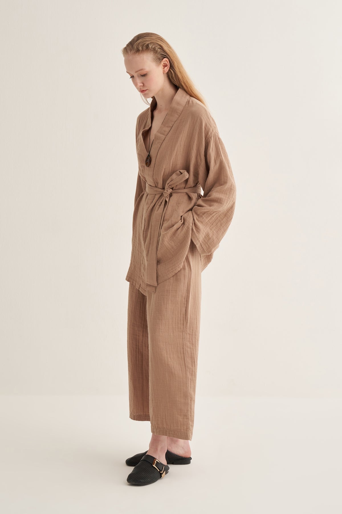 Kadın Müslin Kimono Takım Vizon