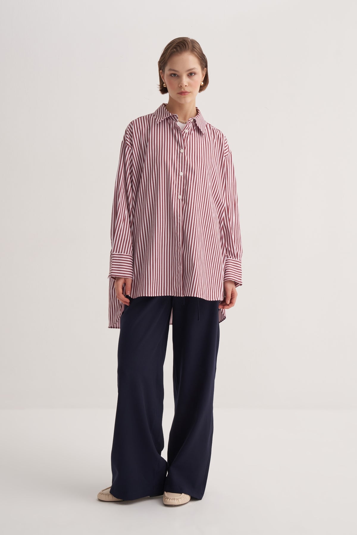 Kadın Poplin Oversize Robalı Gömlek Çizgili Bordo