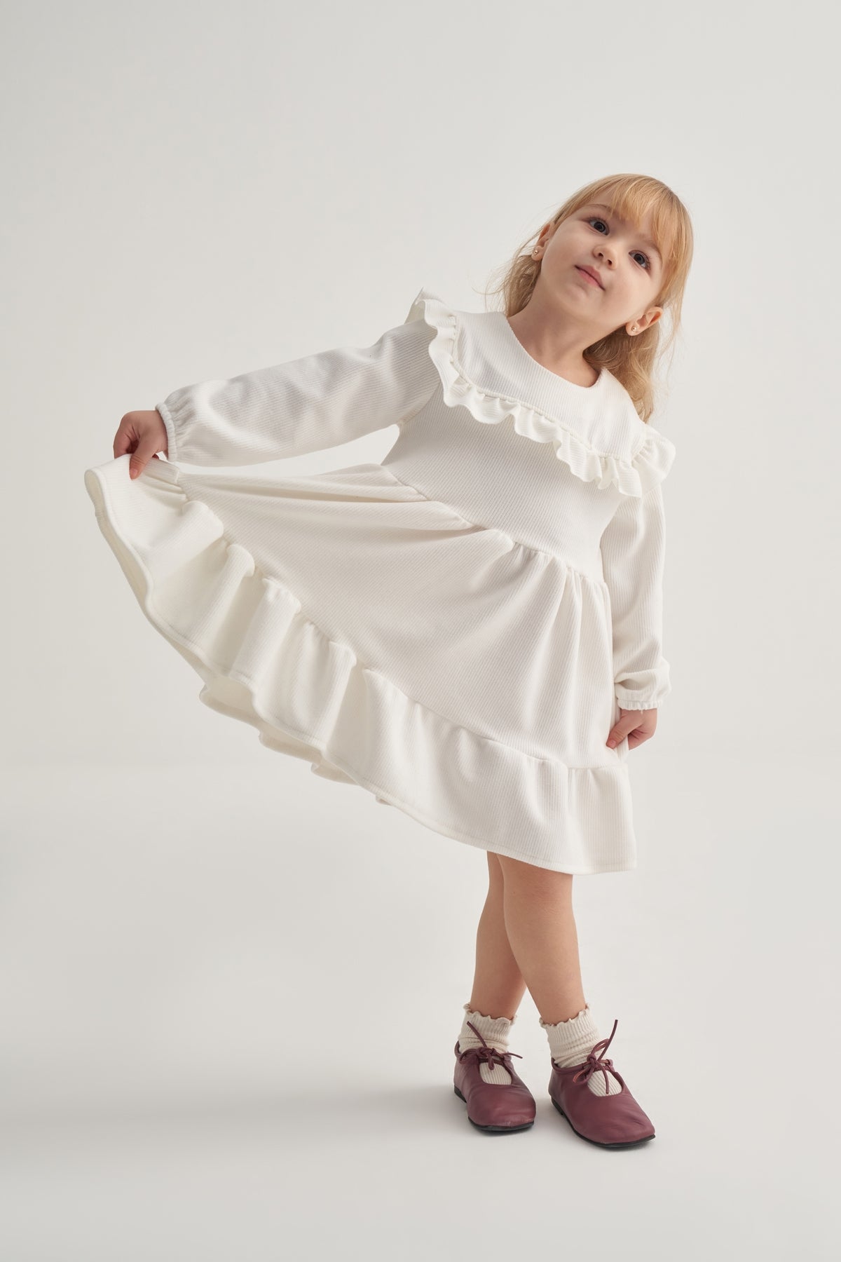 Kız Çocuk Fitilli Kat Kat Fırfırlı Elbise Ekru