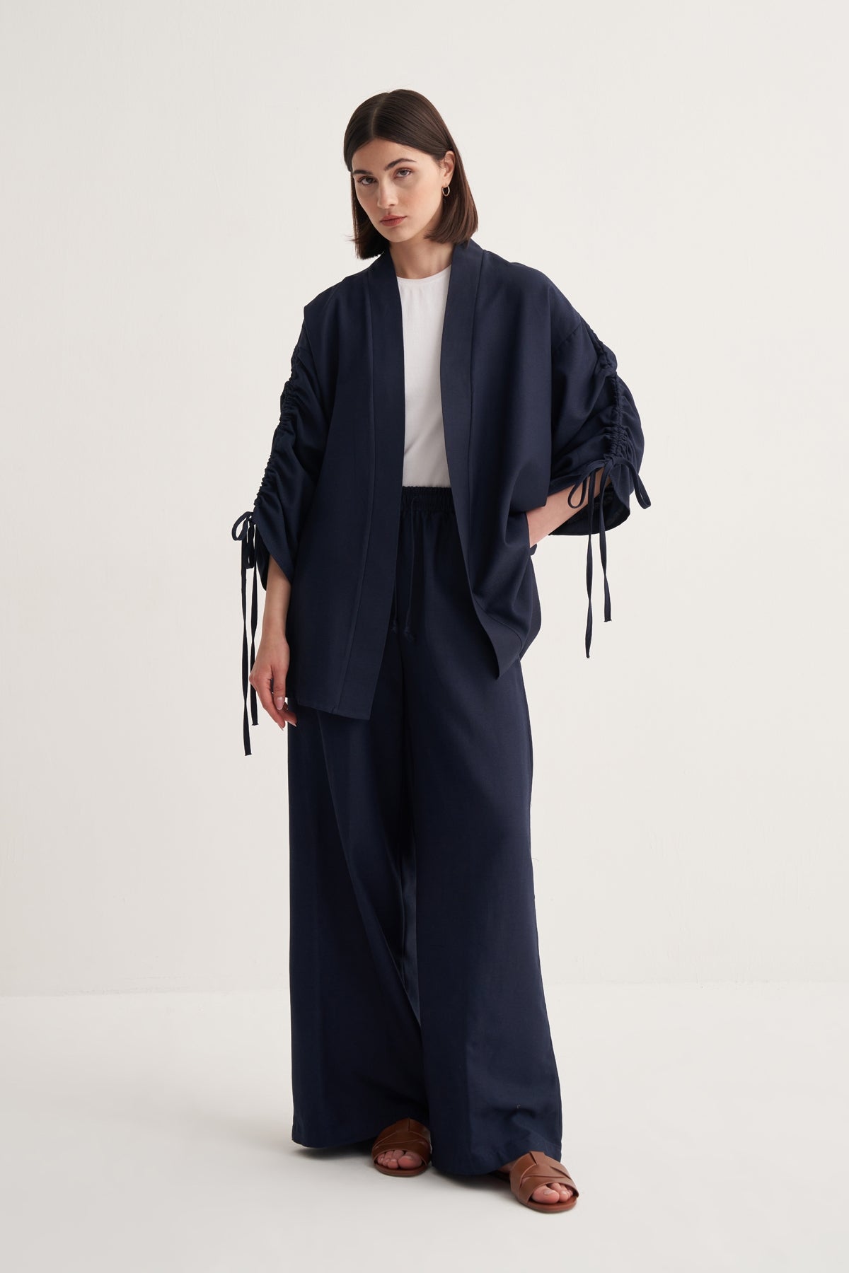 Kadın Cupra Dökümlü Pamuklu Büzgü Detaylı Kimono Pantolon Takım  Lacivert