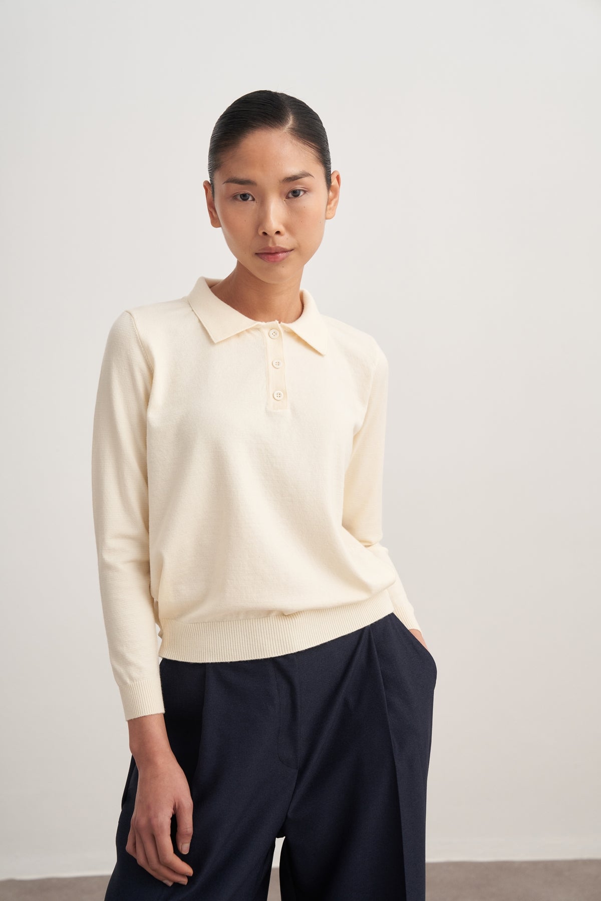 Kadın Polo Yaka Viskon Triko Kazak Krem