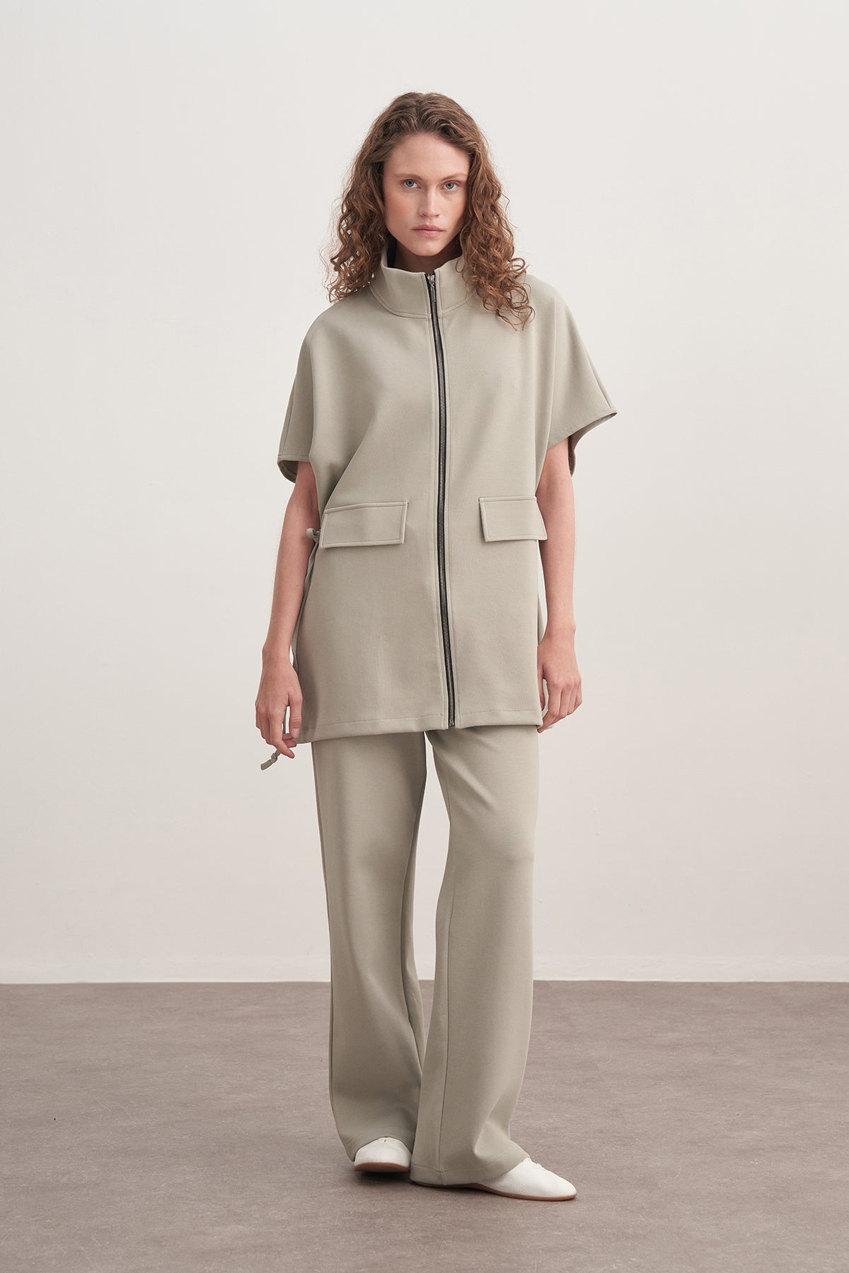 Kadın İnterlok Oversize Yelek Pantolon Takım Pastel Gri