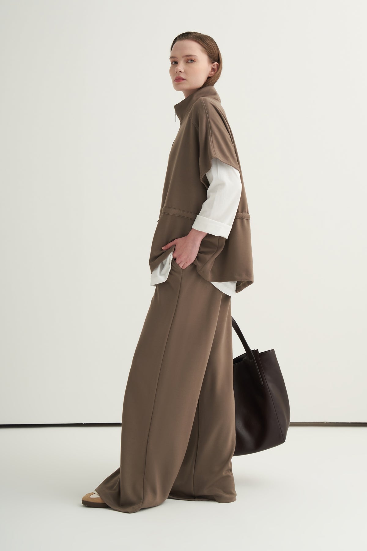 Kadın Oversize Yelek Bol Paça Pantolon Takım Vizon