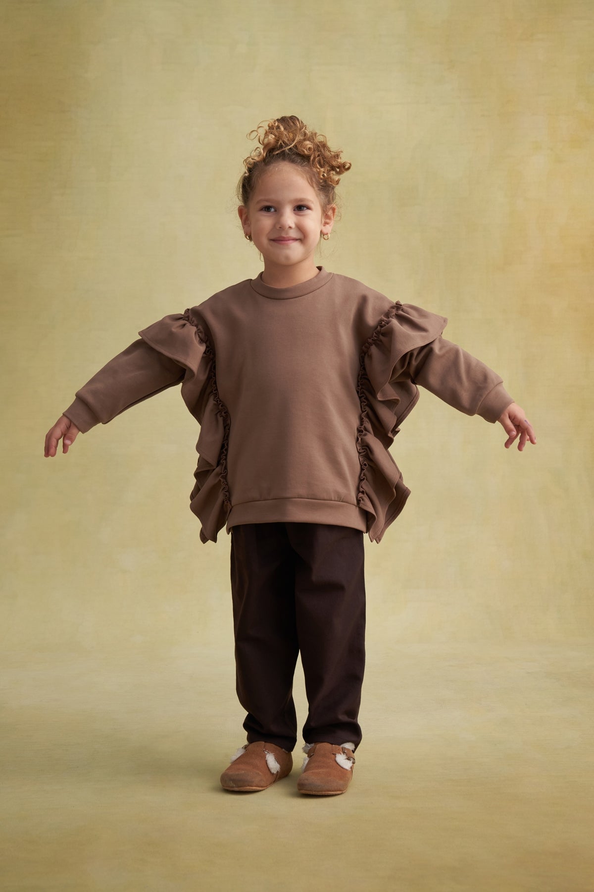 Unisex Çocuk İnterlok Fırfırlı Sweatshirt Kahve