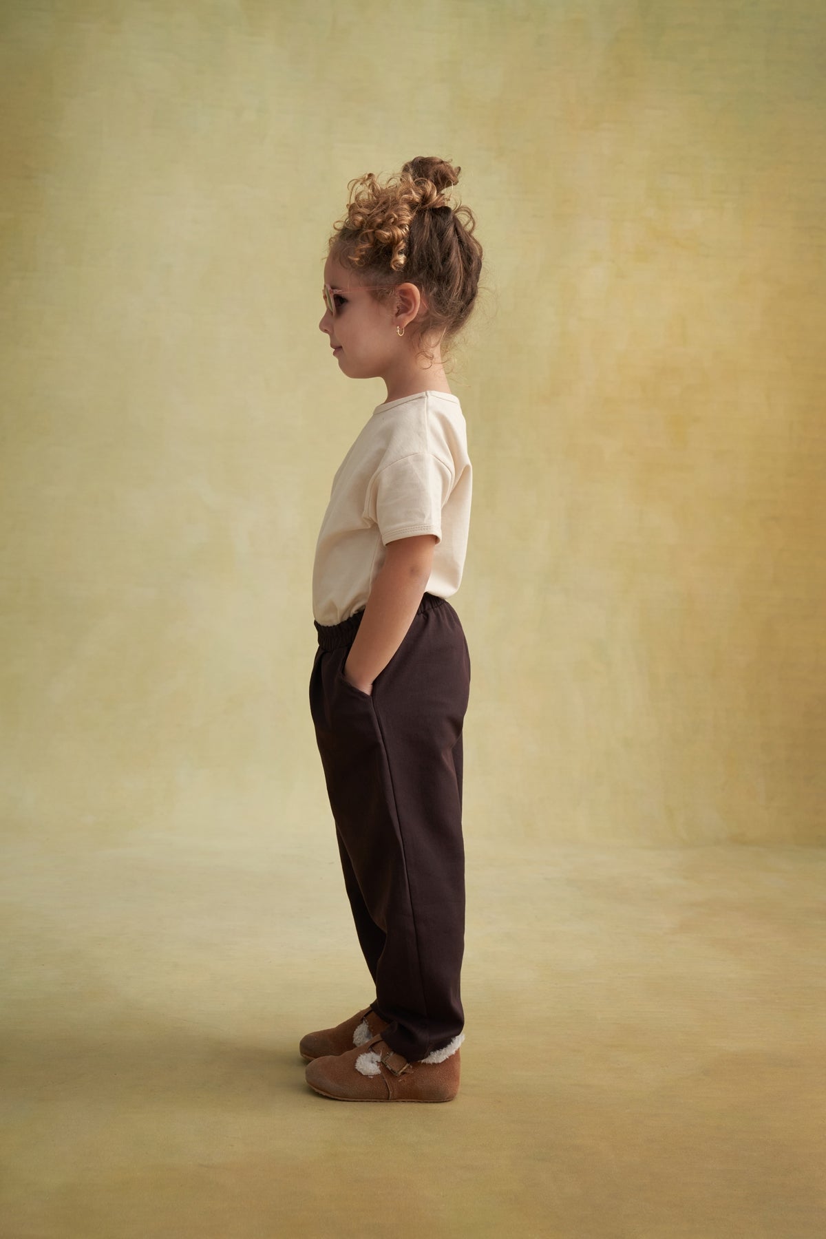 Unisex Çocuk Gabardin Bel Lastikli Pantolon Kahve