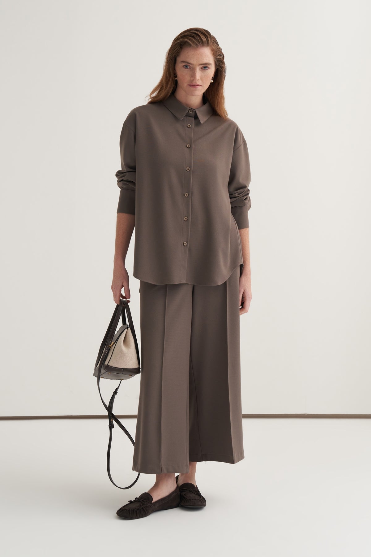 Kadın Culotte Pantolon Gömlek Takım Vizon