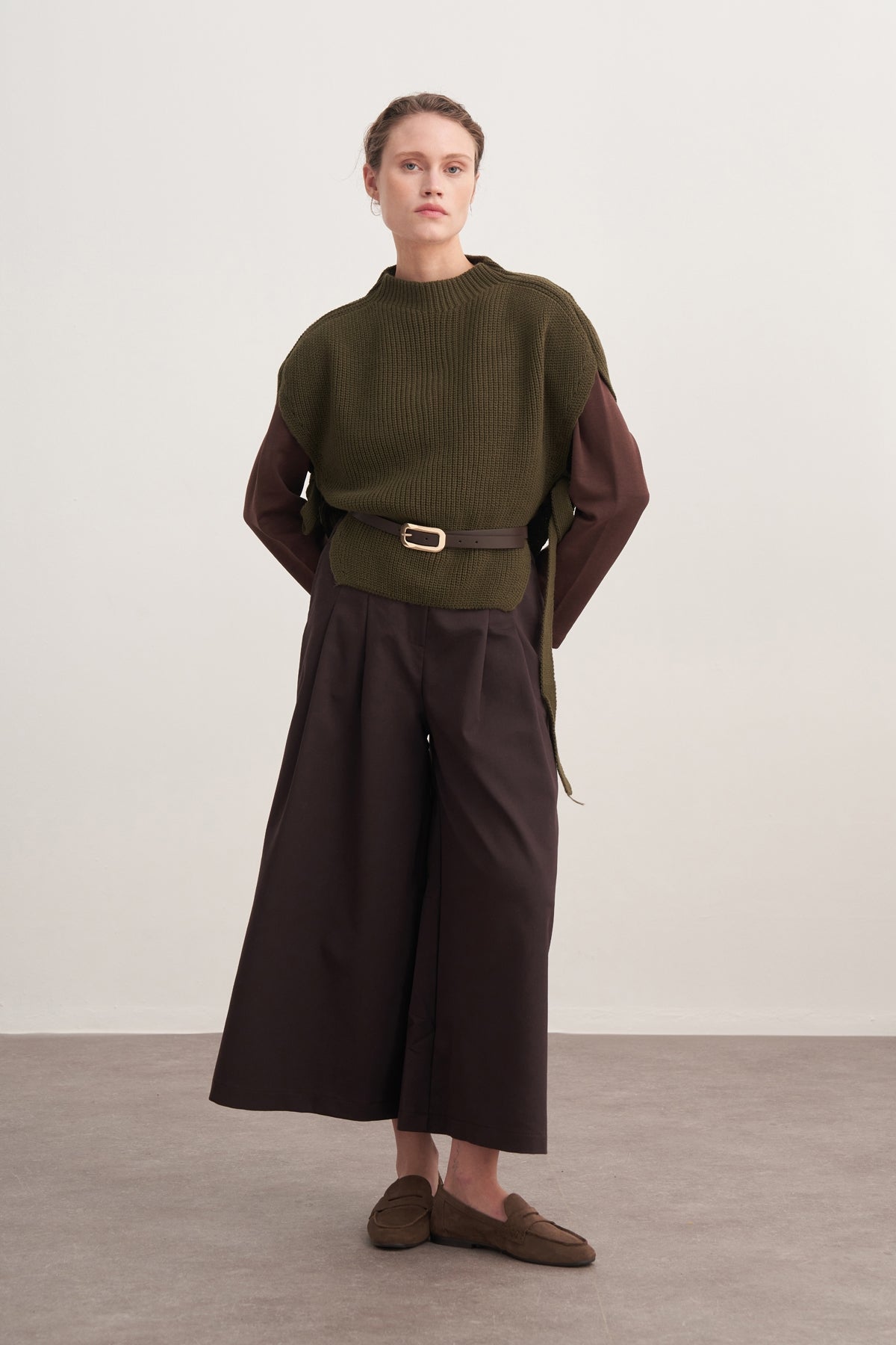 Kadın Gabardin Çift Pile Pantolon Kahve