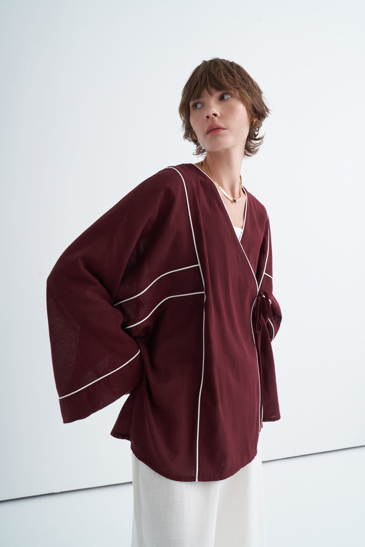 Kadın Kontrast Kimono Pantolon Takım Bordo