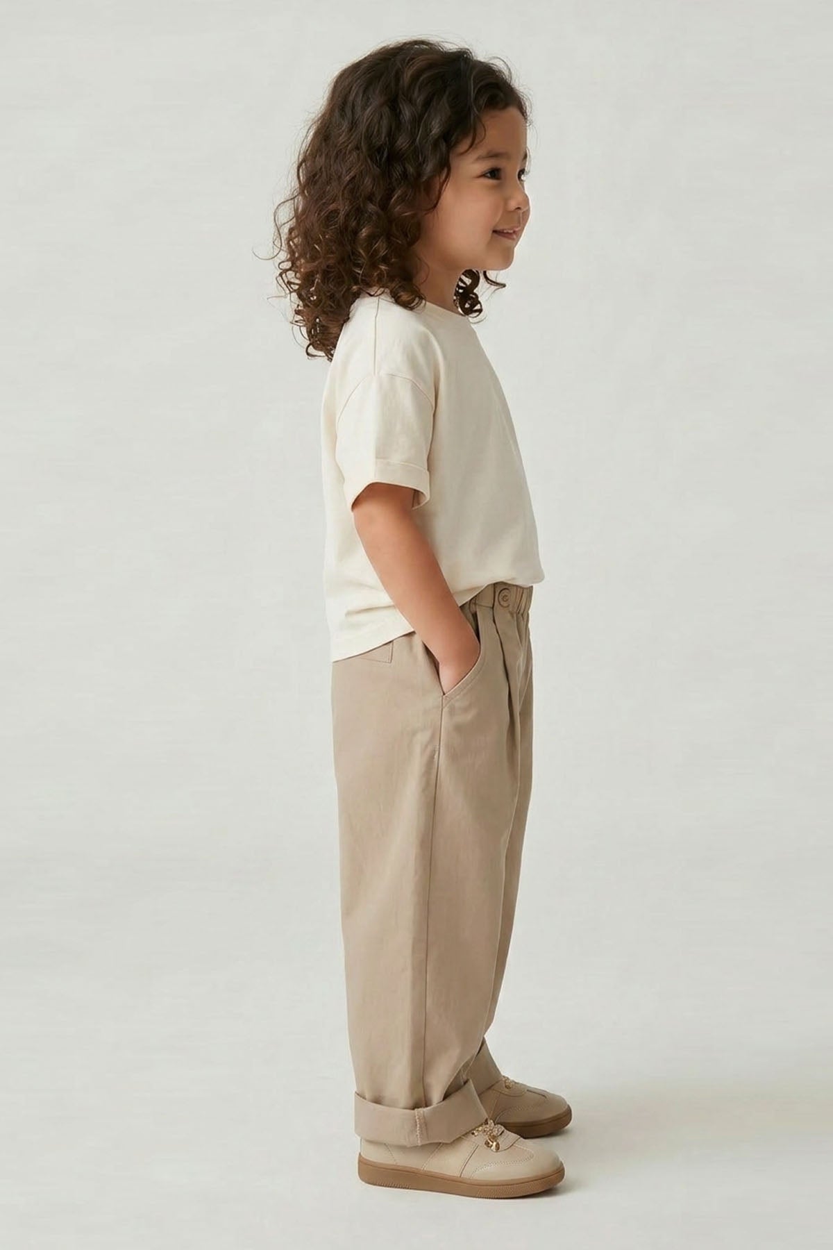 Unisex Çocuk Pileli Pantolon Tişört Takım Beyaz/Bej