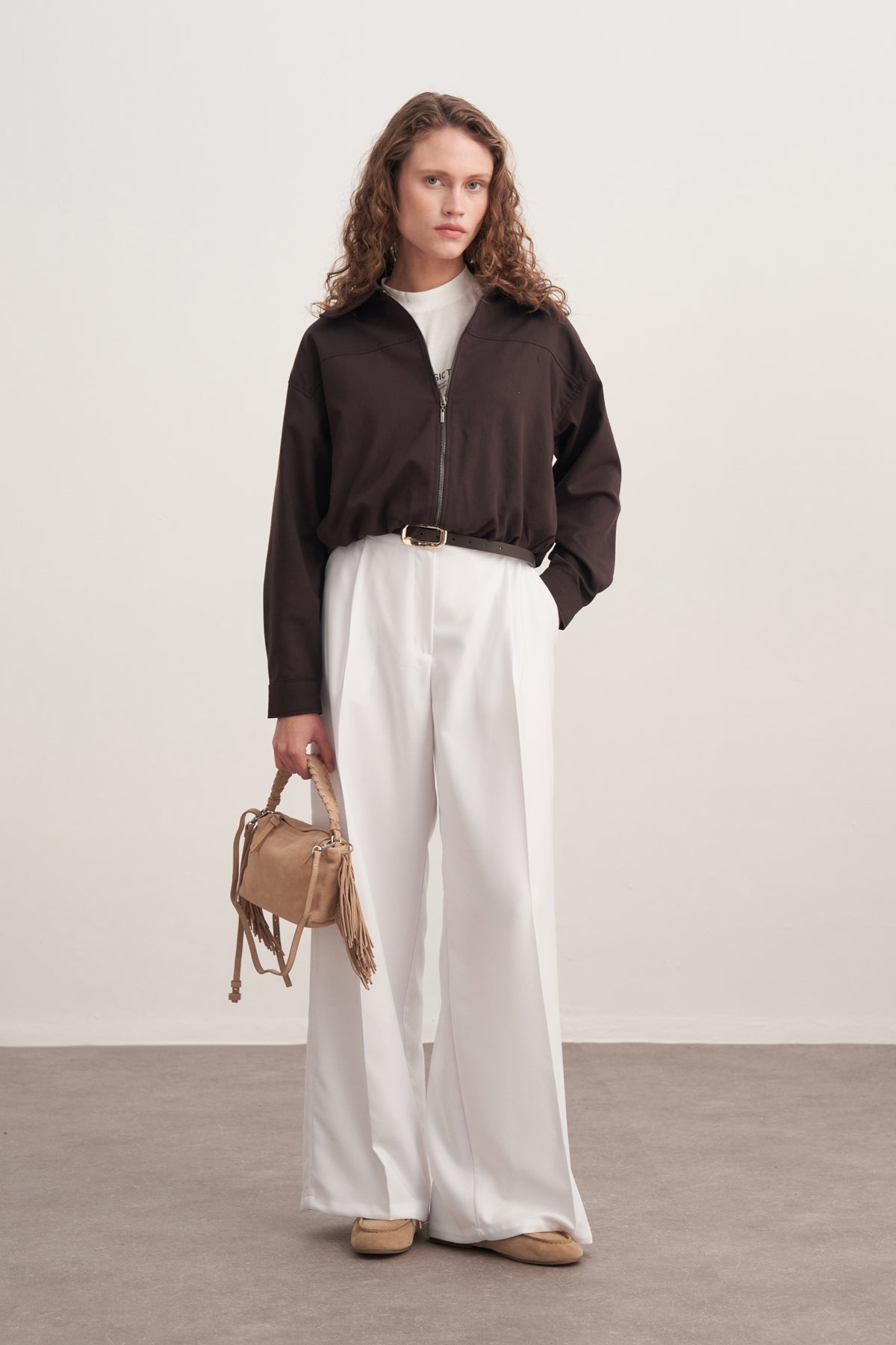 Kadın Dökümlü Pileli Palazzo Pantolon Ekru