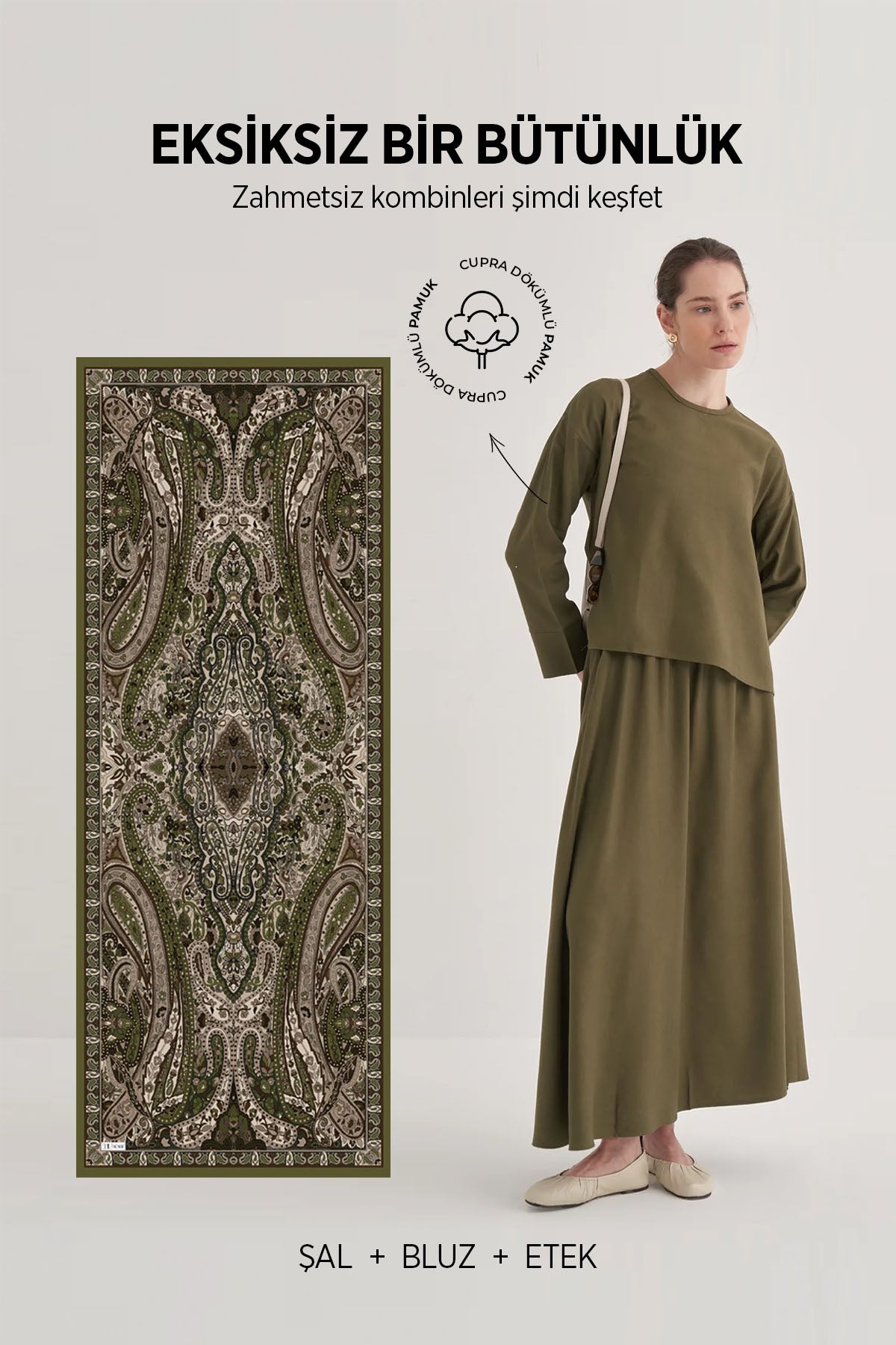 Kadın Üçlü Set Şal Bluz Etek Haki