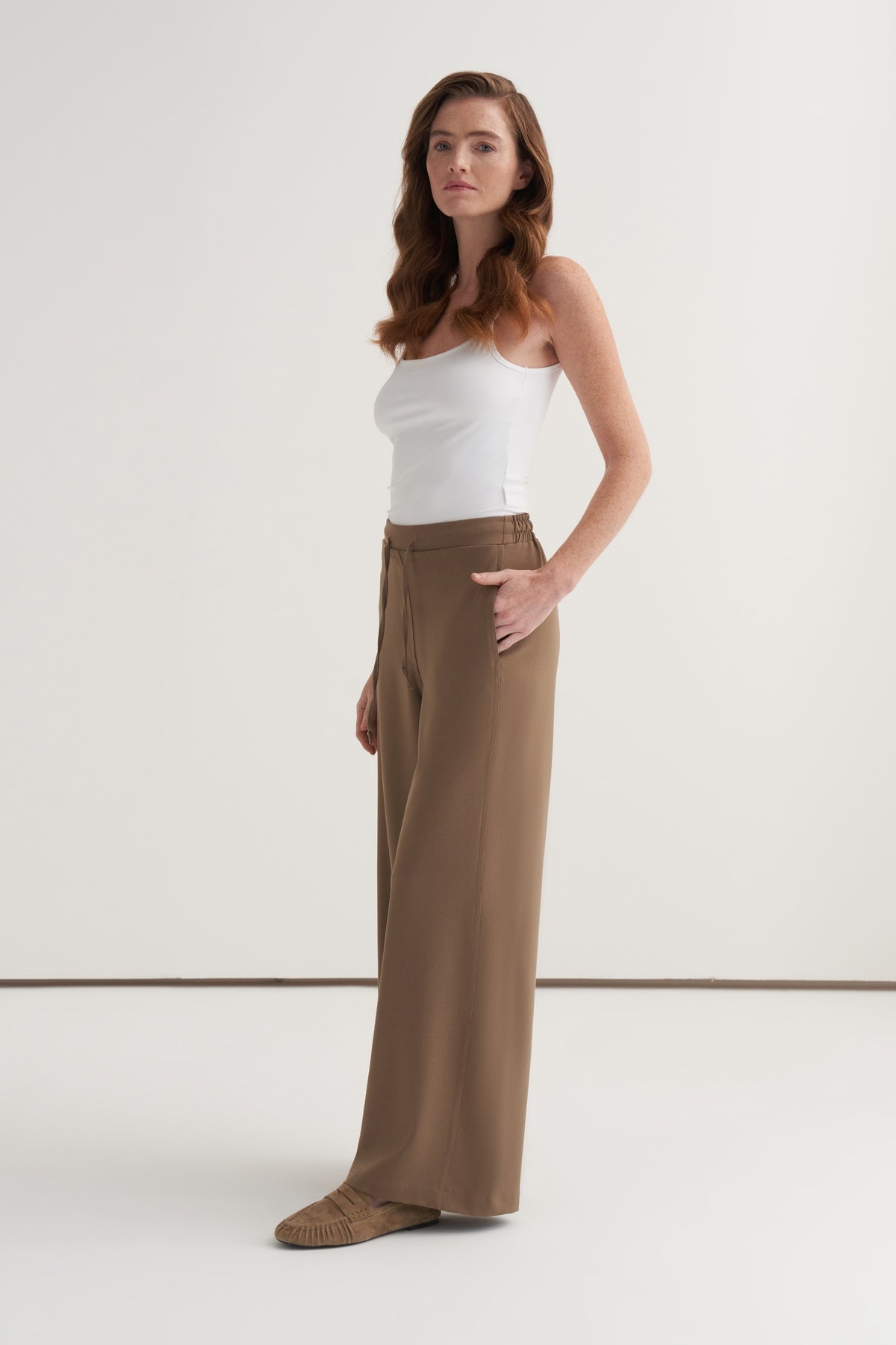 Kadın Yan Dikiş Detaylı Palazzo Pantolon Ceviz Kabuğu