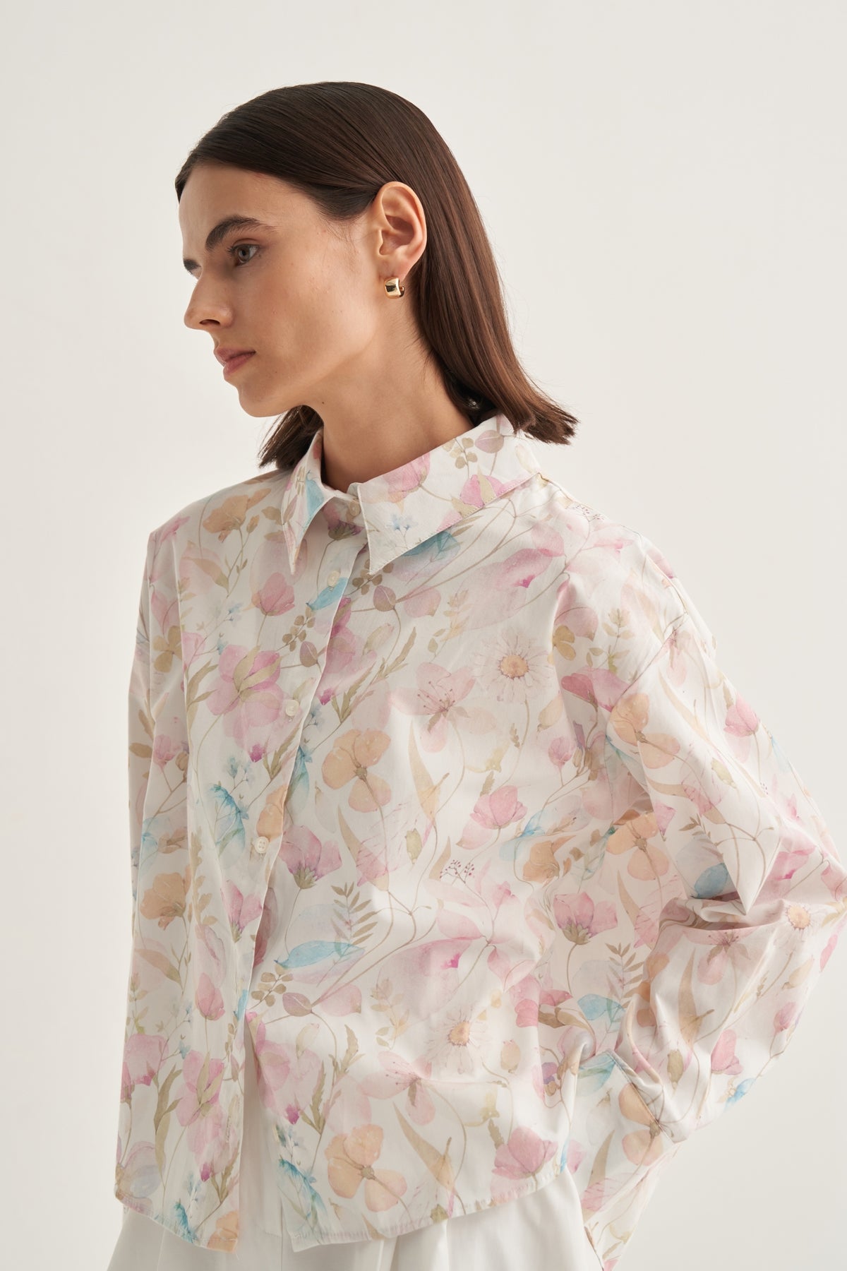 Kadın Poplin Oversize Kısa Gömlek Spring Desen Ekru