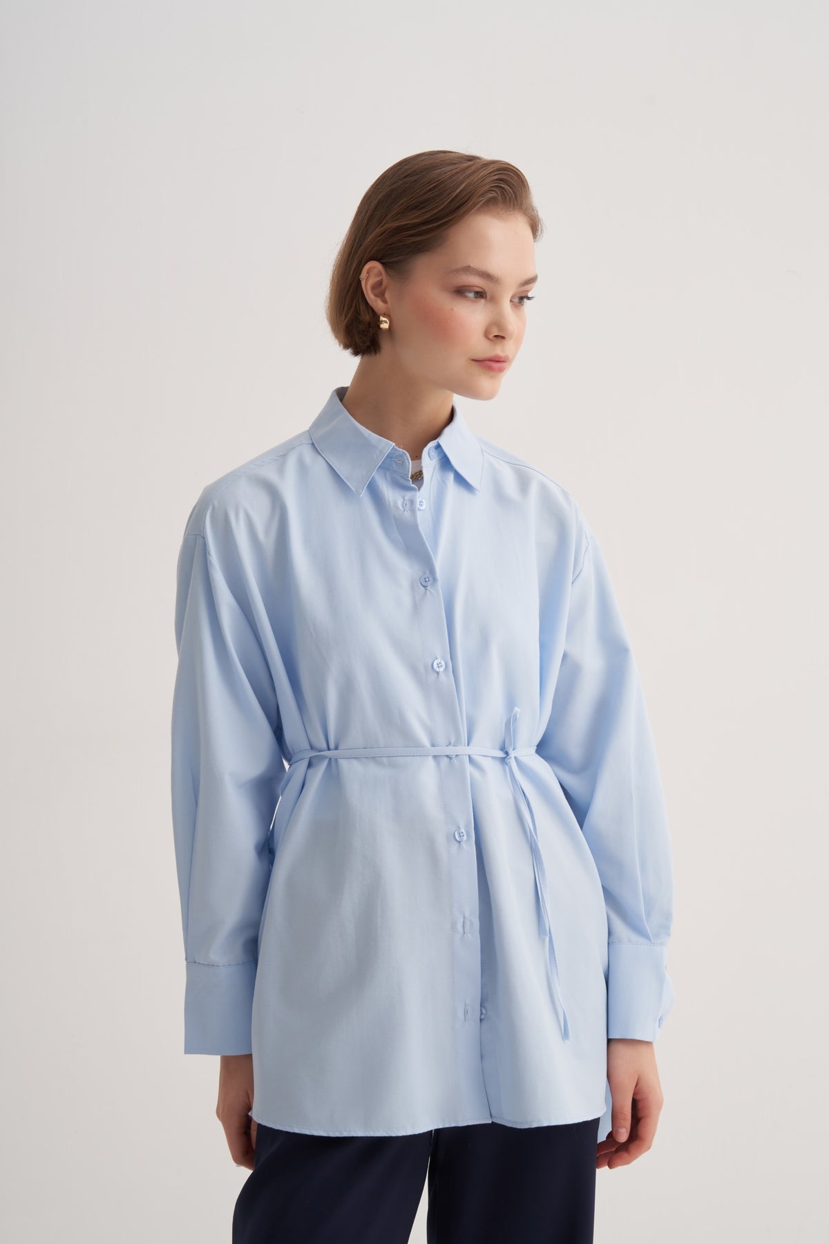 Kadın Poplin Oversize Robalı Gömlek Mavi