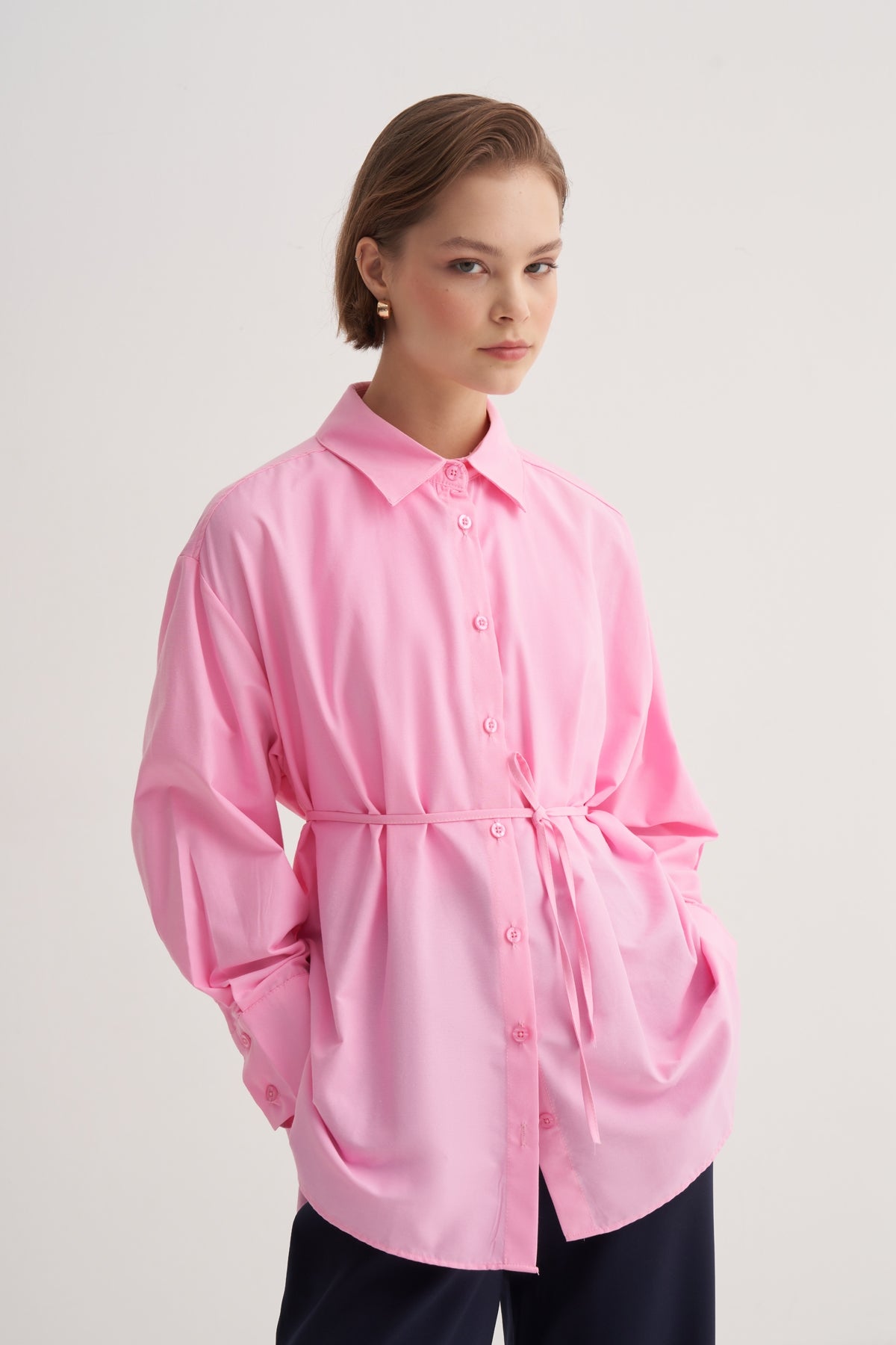 Kadın Poplin Oversize Robalı Gömlek Açık Pembe