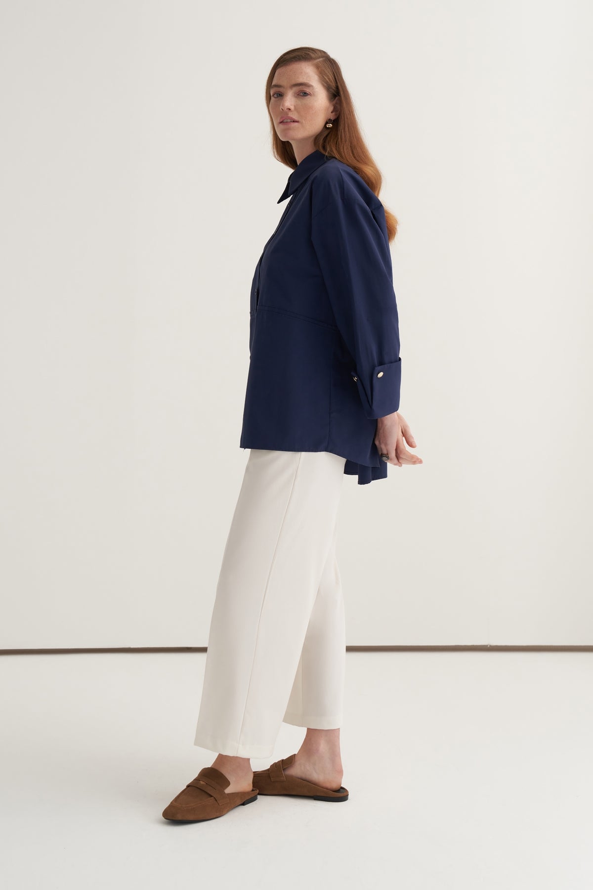 Kadın Oversize Kol Düğmeli Gömlek Lacivert