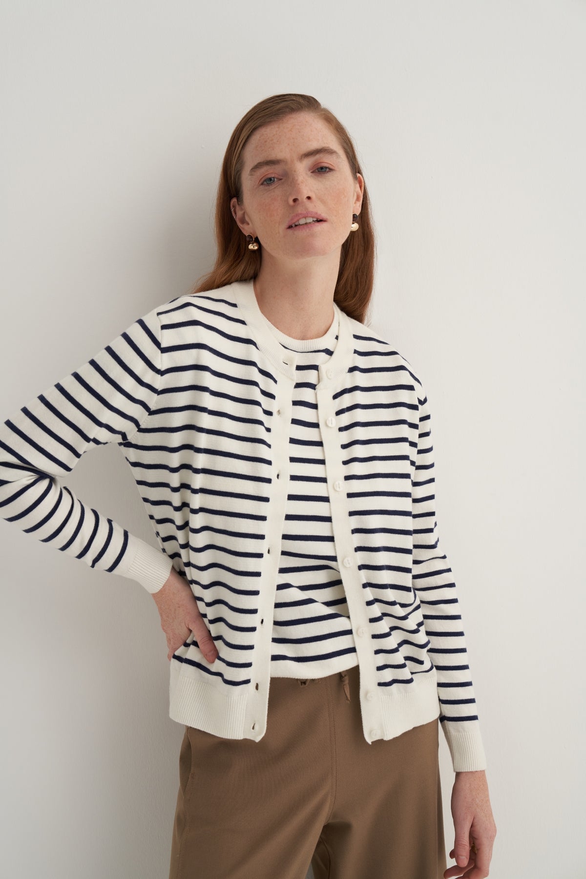 Kadın Viskon Triko Tişörtlü Hırka Takım Lacivert Çizgili