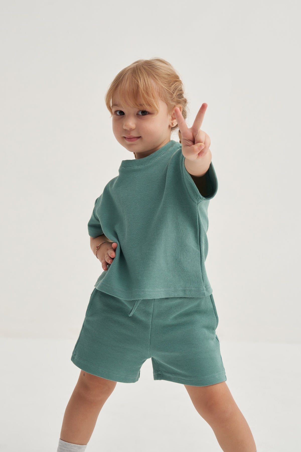 Unisex Çocuk Örme Waffle Takım Yeşil