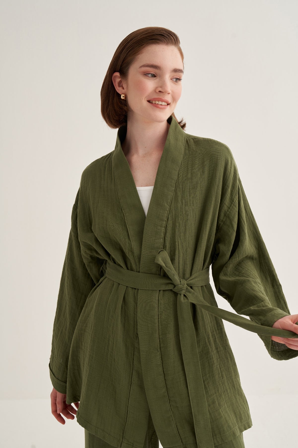 Kadın Müslin Kimono Takım Haki