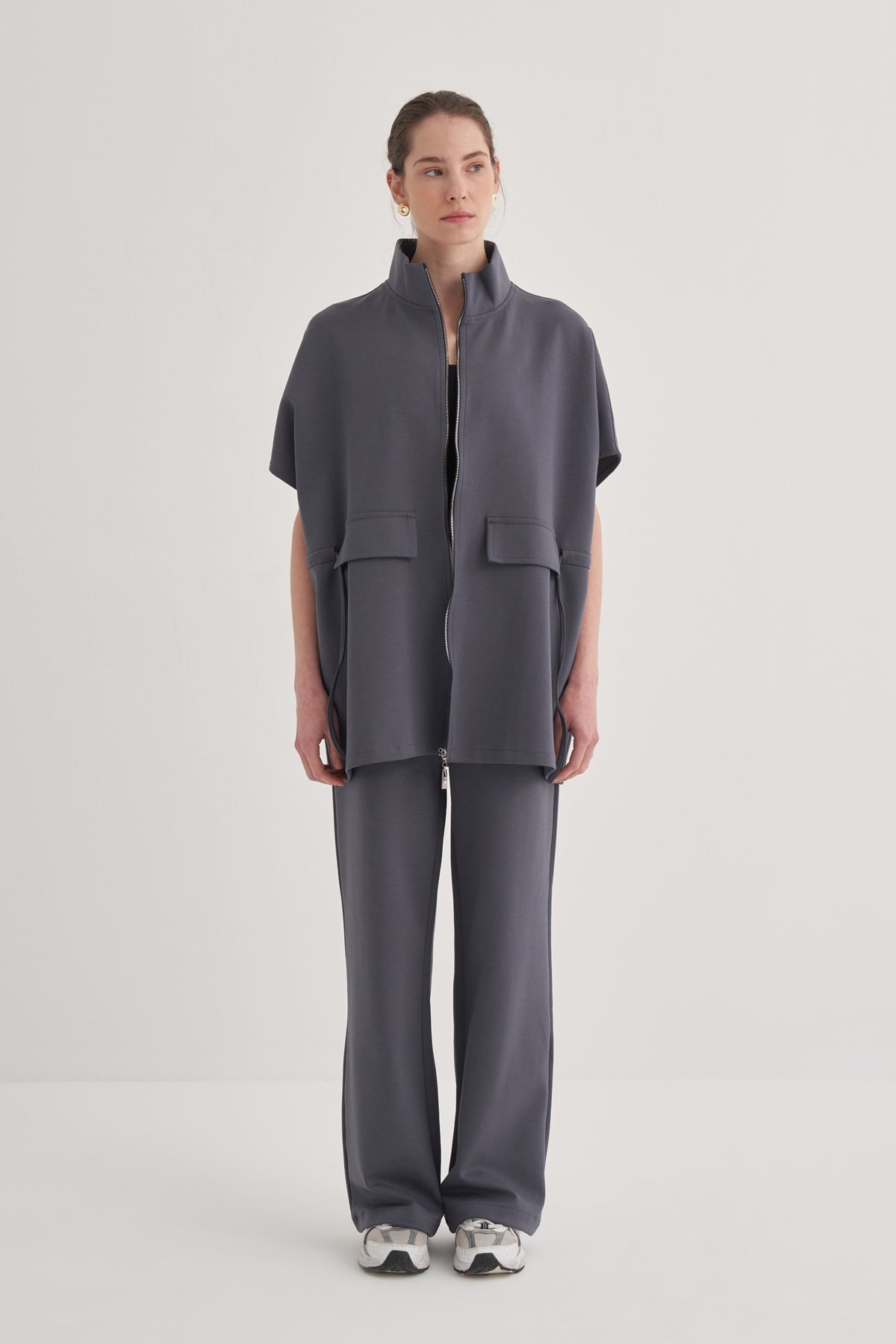 Kadın İnterlok Oversize Yelek Pantolon Takım Füme