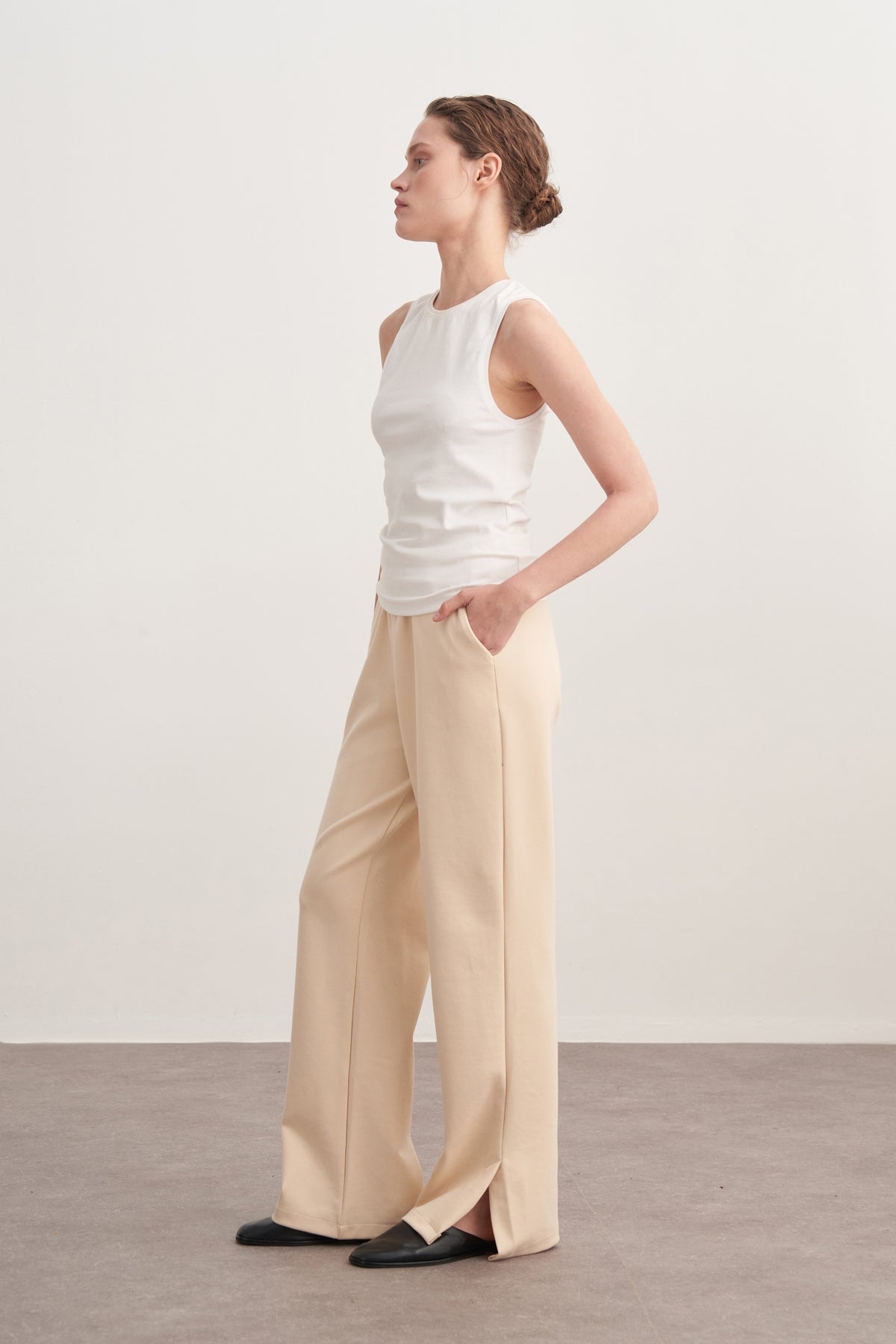 Kadın İnterlok Yandan Yırtmaçlı Palazzo Pantolon Bej