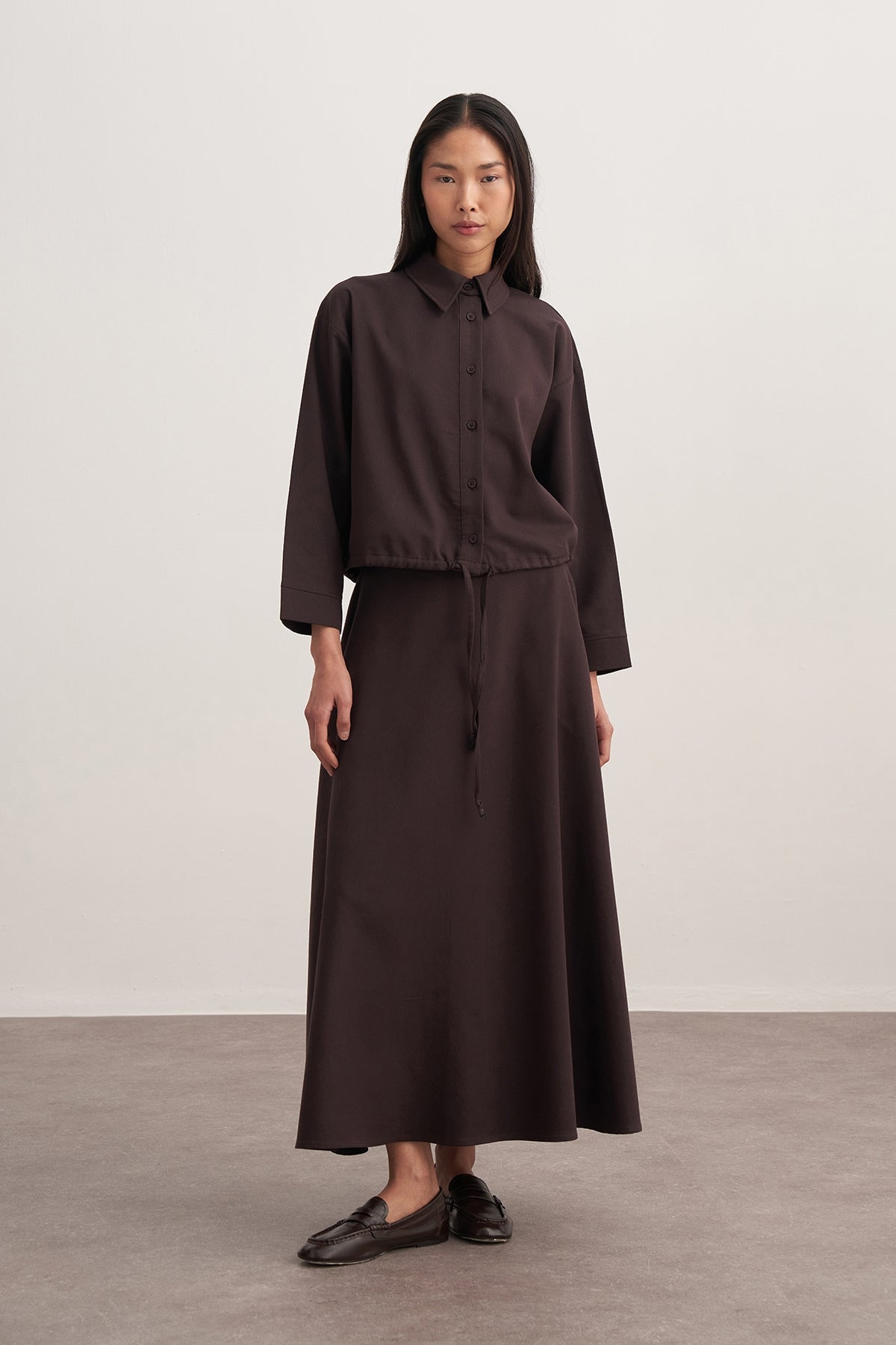 Kadın Gabardin Gömlekli Kloş Etek Takım Kahve