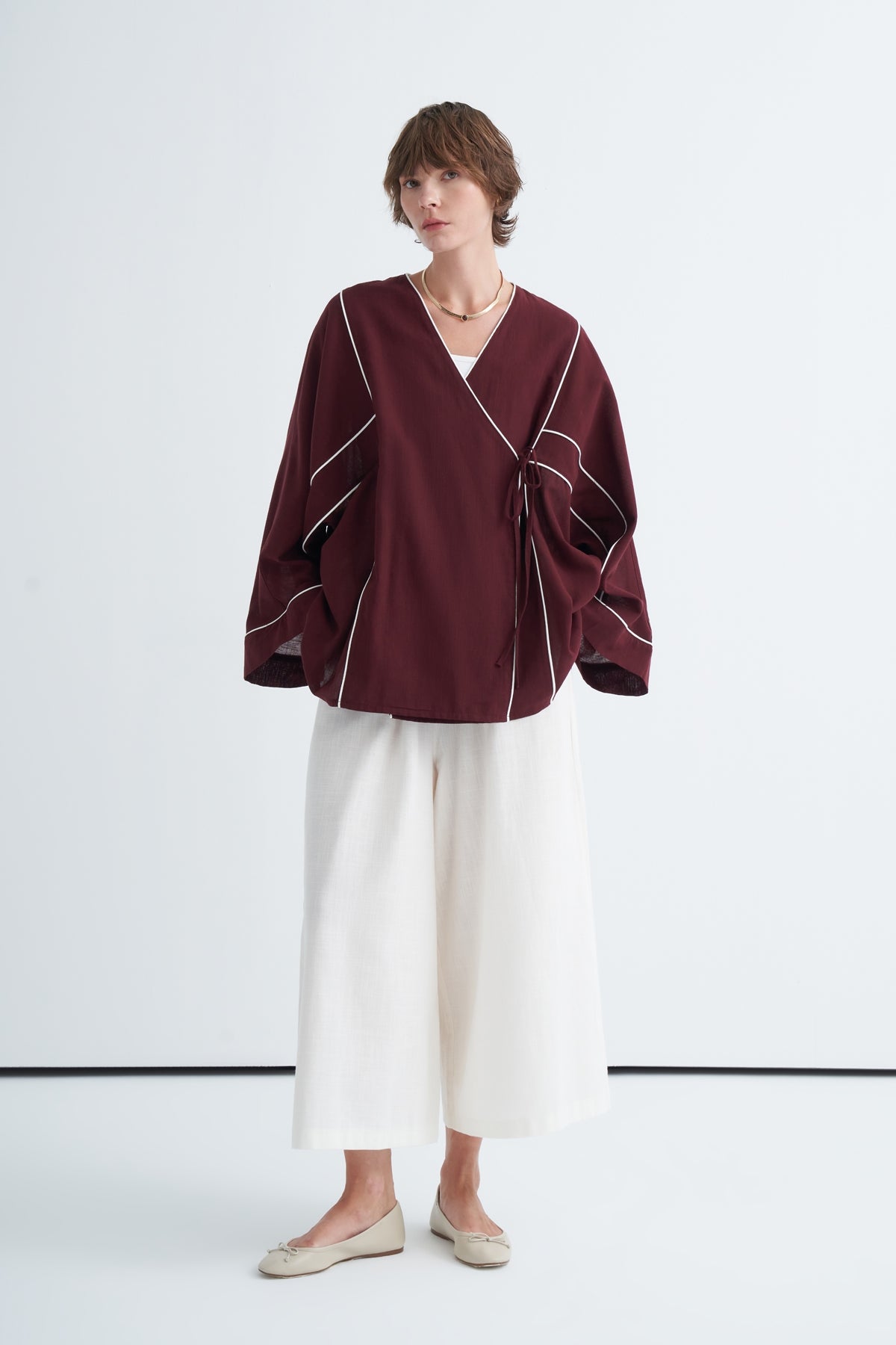 Kadın Kontrast Kimono Pantolon Takım Bordo