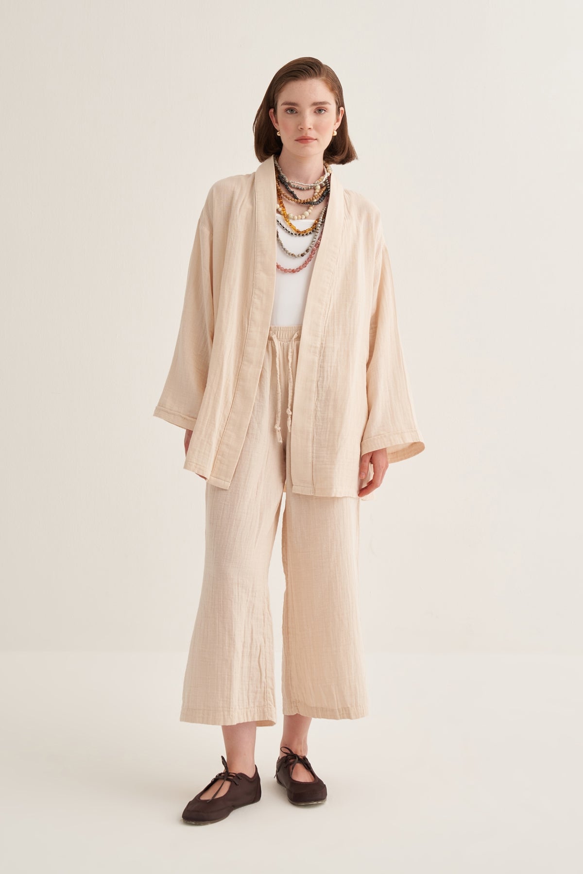Kadın Müslin Kimono Takım Bej