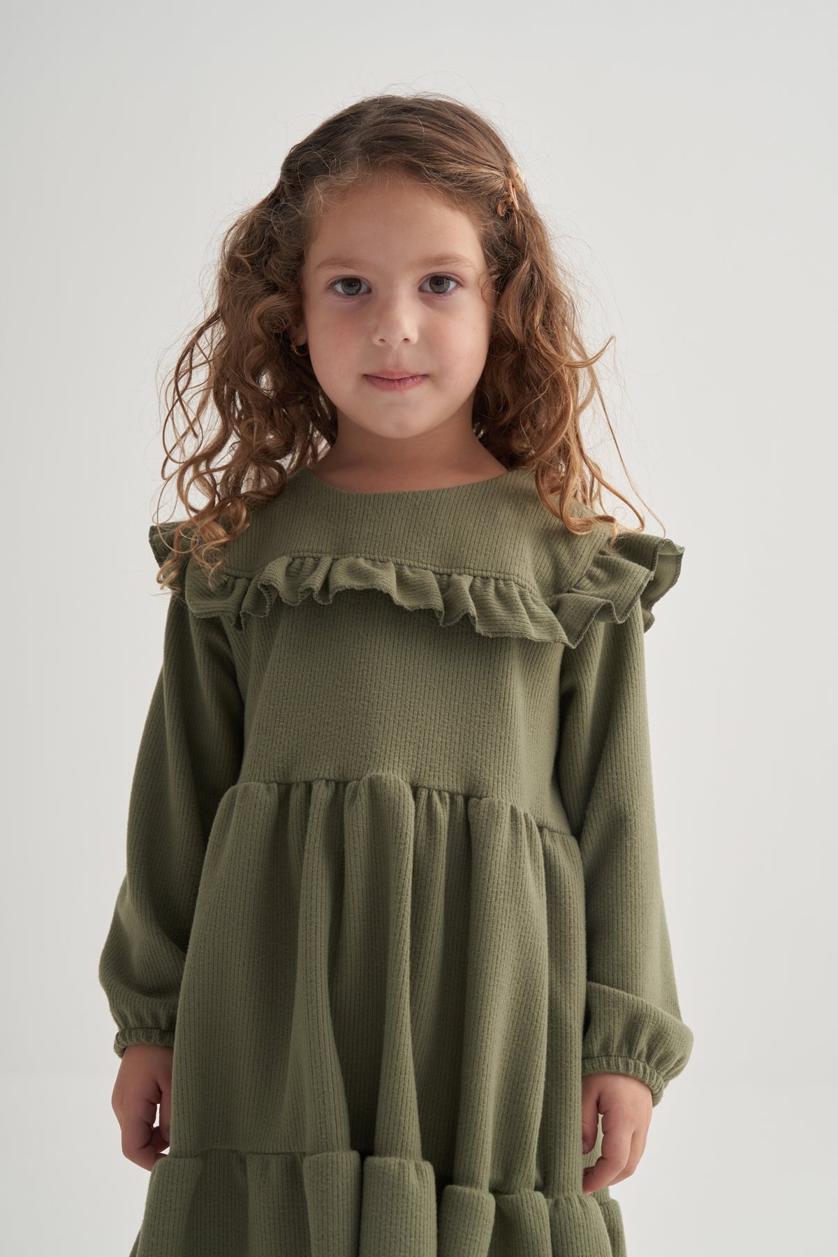 Kız Çocuk Fitilli Kat Kat Fırfırlı Elbise Yeşil