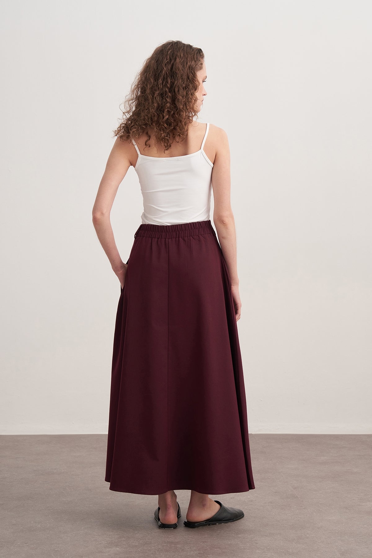 Kadın Gabardin Kemerli Kloş Etek Koyu Mürdüm