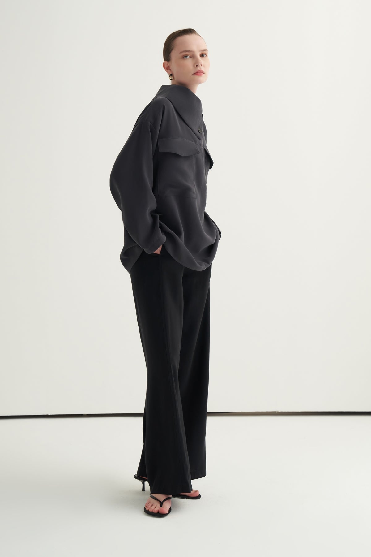 Kadın Modal Düğmeli Bluz Füme