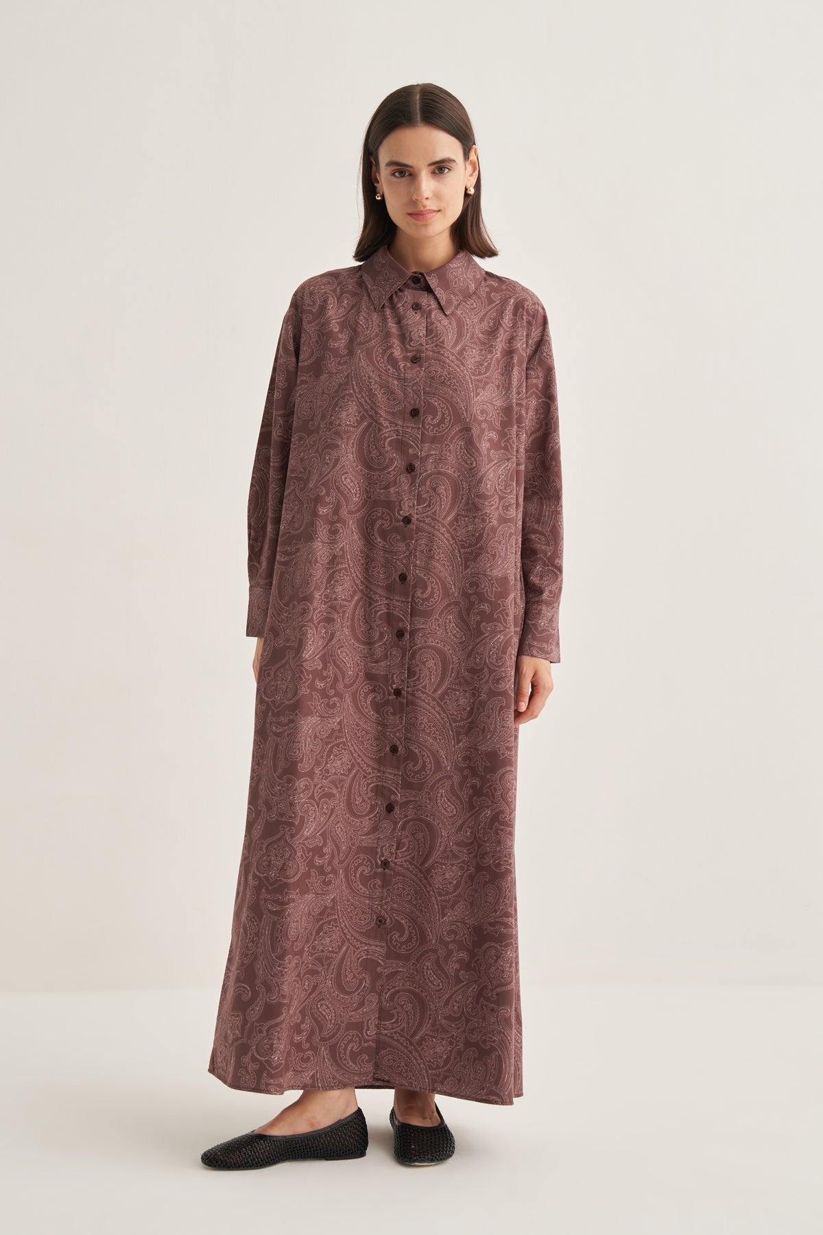 Kadın Poplin Gömlek Elbise Paisley Desen Kahve